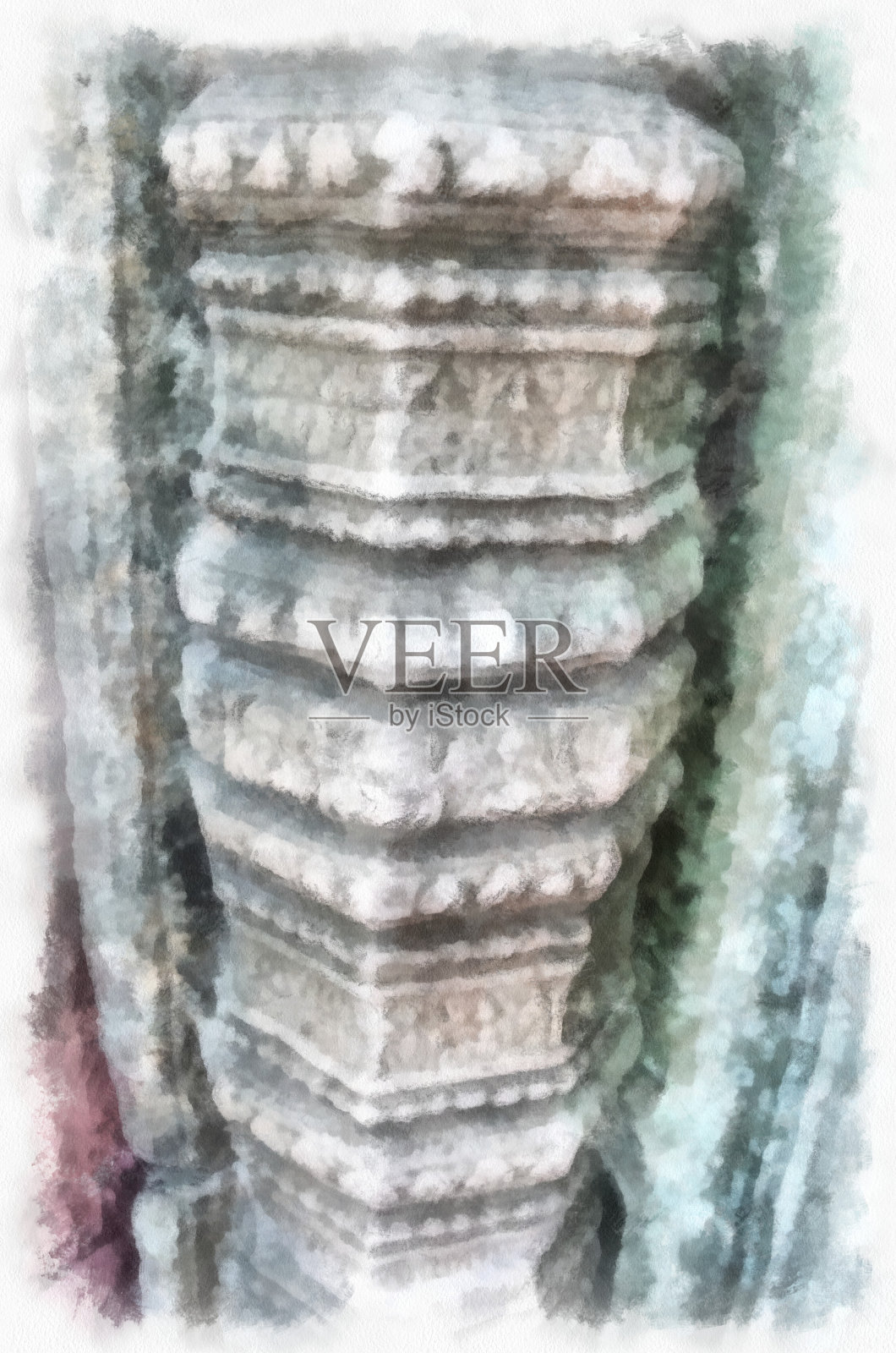 古石堡和古图案艺术在泰国水彩风格插图印象派绘画。插画图片素材