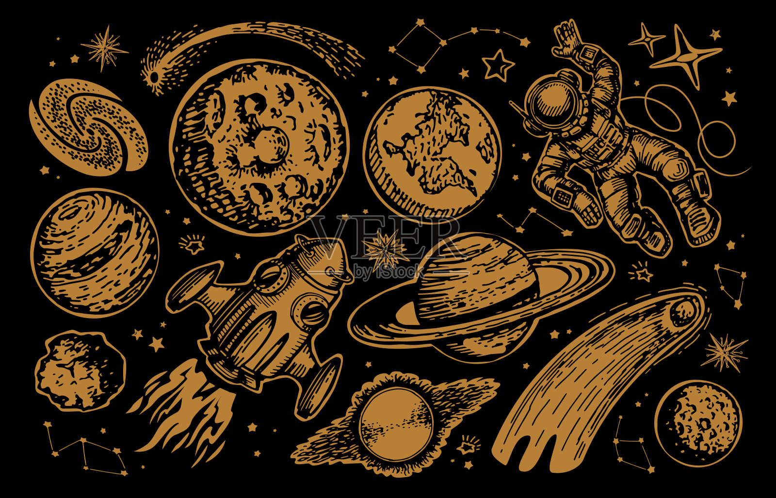 空间未来主义的创意设计。行星和宇宙飞船，火箭，恒星，陨石和彗星。矢量图插画图片素材