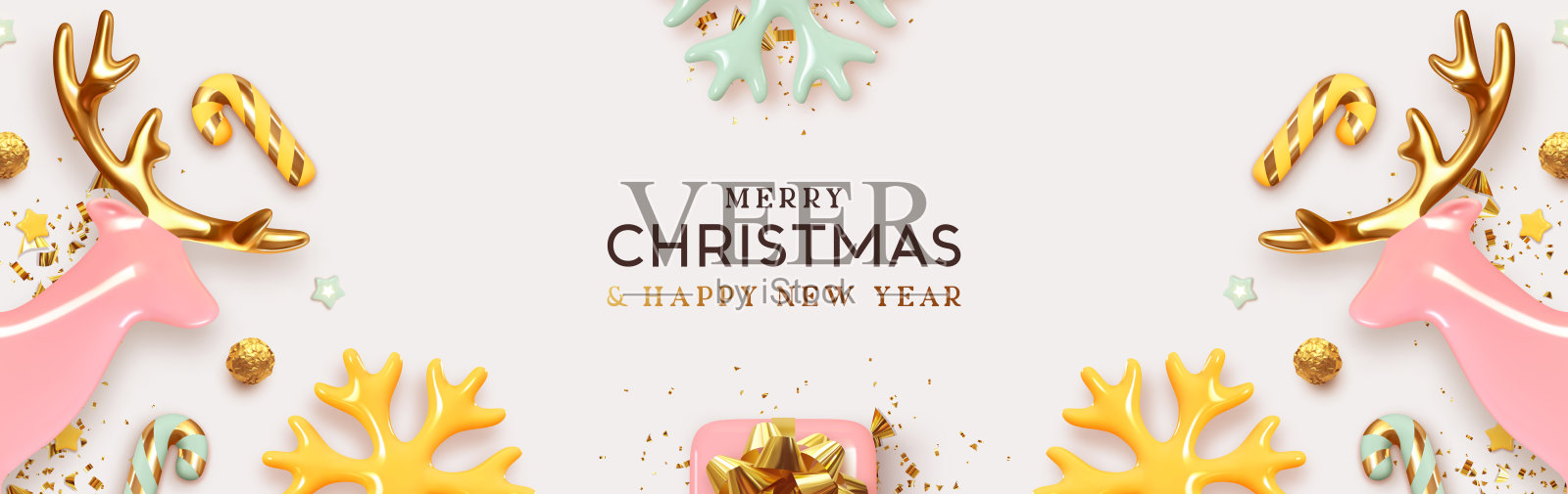 横幅圣诞和新年快乐礼品卡。圣诞节日的背景。逼真的3d设计，礼盒，圣诞粉鹿，装饰雪花和糖果。黄金五彩纸屑。矢量插画家插画图片素材