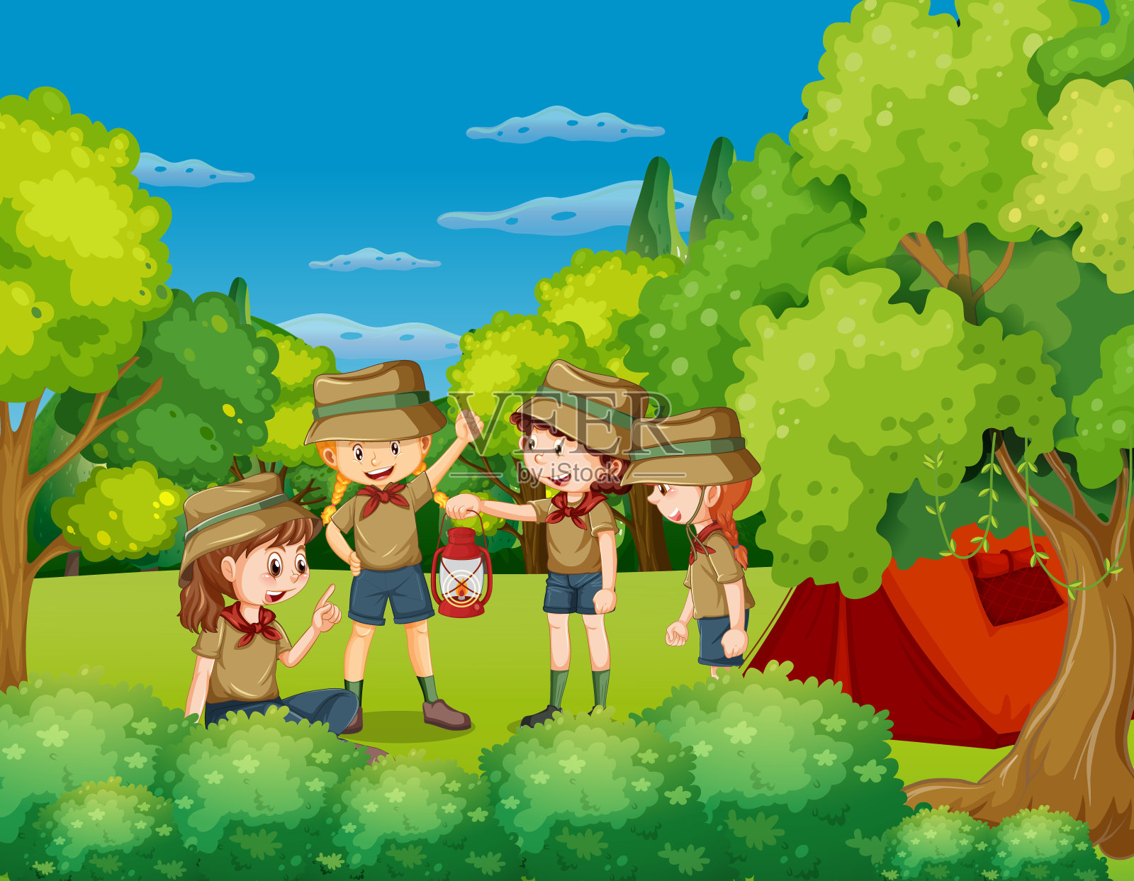 在公园露营的孩子插画图片素材