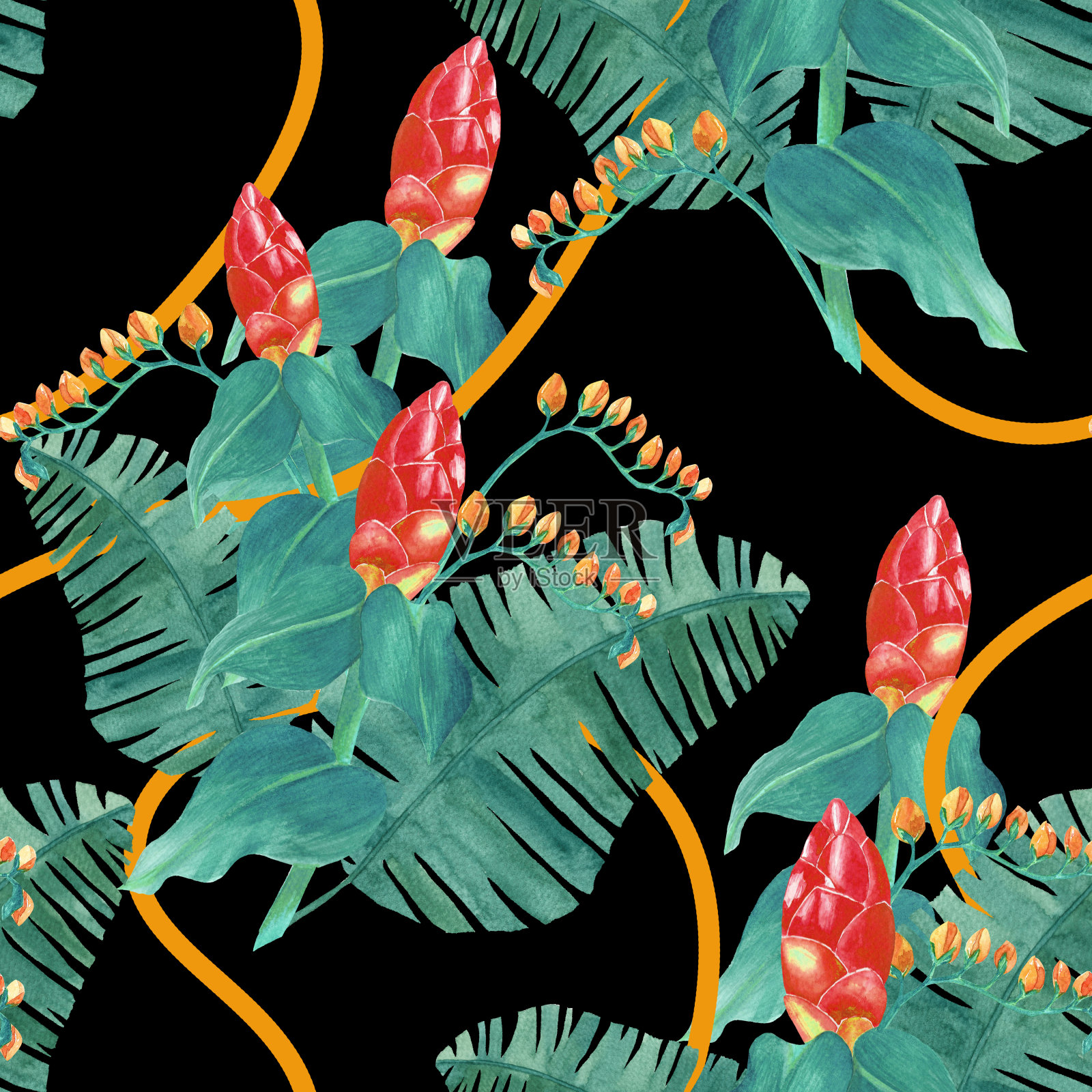 无缝水彩背景混合五颜六色的植物花和树叶与线艺术用于背景纹理，包装纸，纺织品或墙纸设计插画图片素材