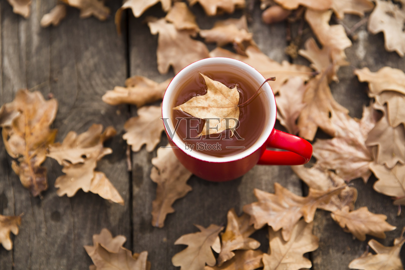 秋天落叶木桌上的红色茶杯你好秋日早晨照片摄影图片