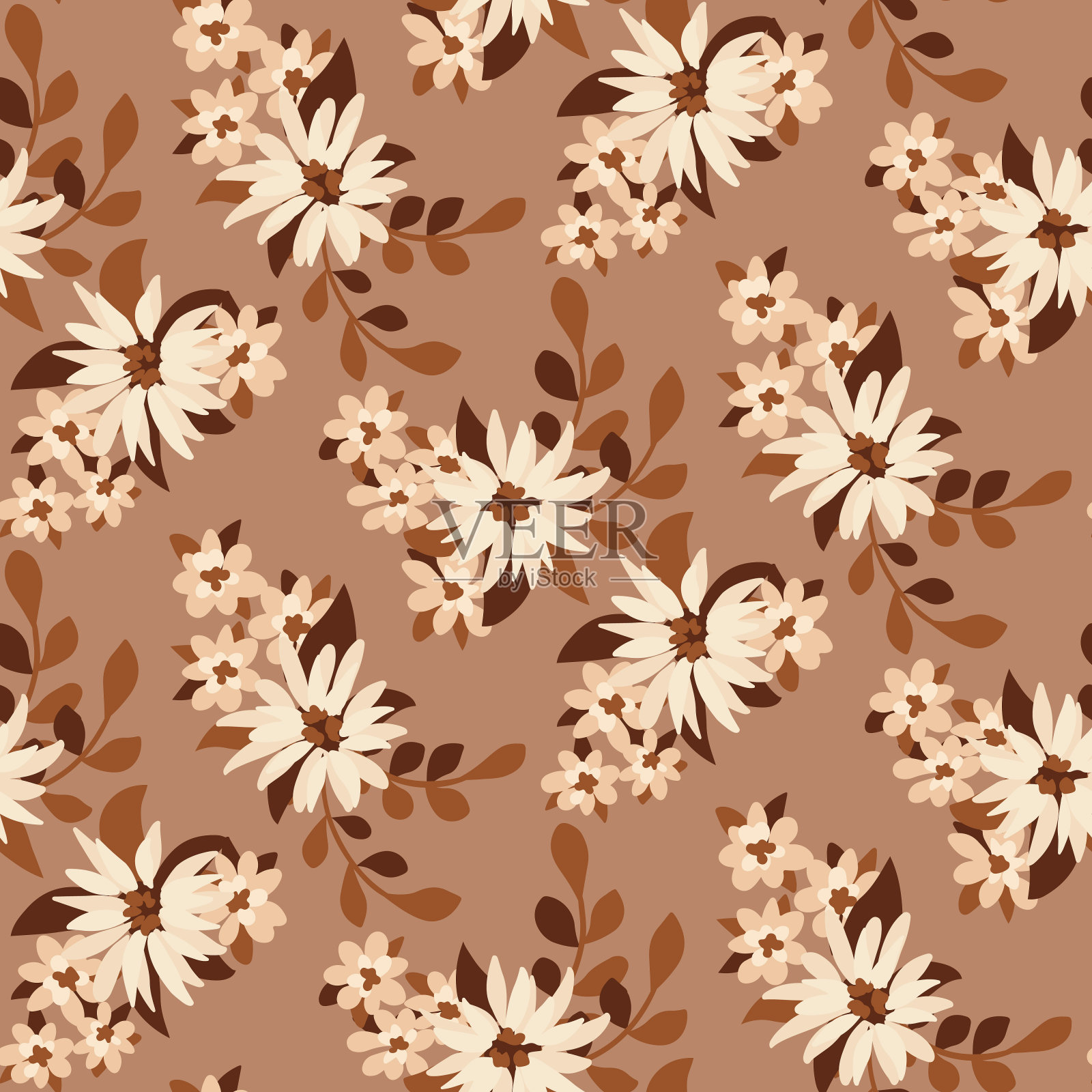 无缝的图案，可爱的印花与温和的草地，小花朵在米色的背景。向量。插画图片素材