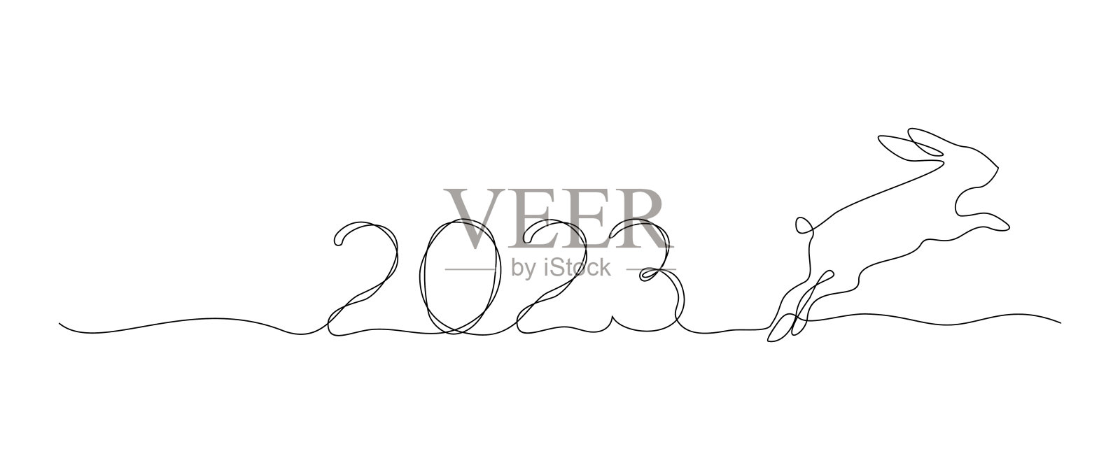 编号2023和跳跃的兔子在白色背景上的直线艺术风格。2023年的象征。矢量图设计元素图片