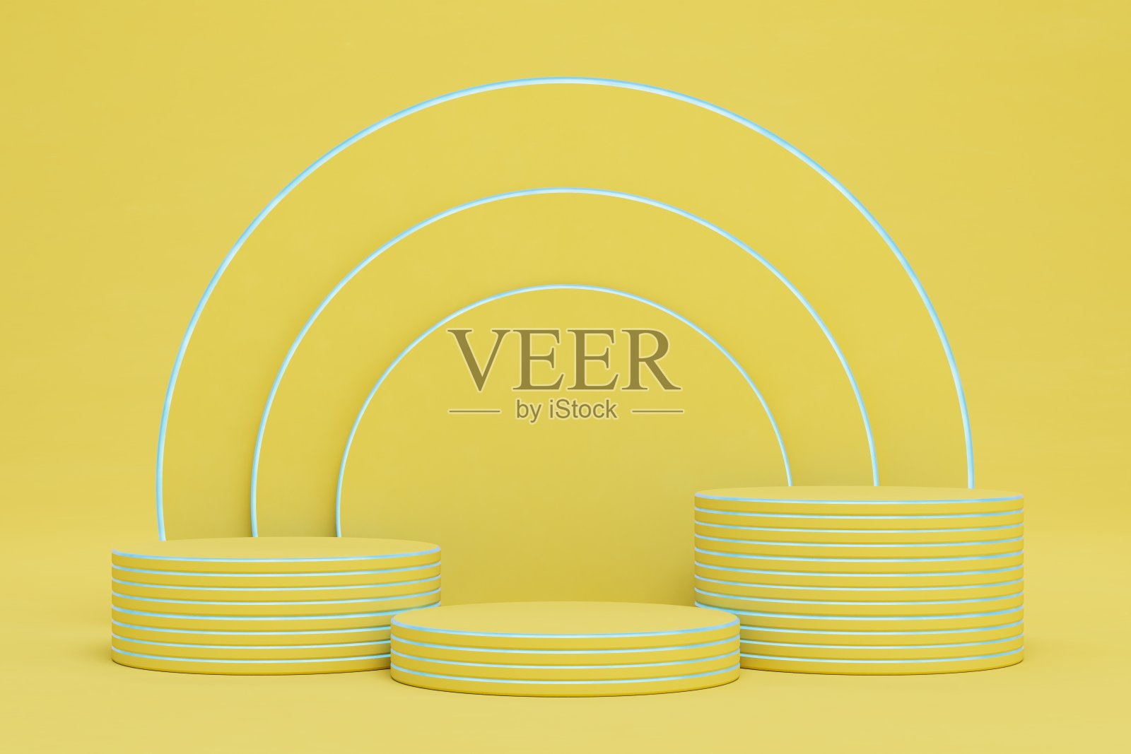 一个抽象的背景。放置产品的平台和黄色背景上的黄色拱门。三维渲染照片摄影图片