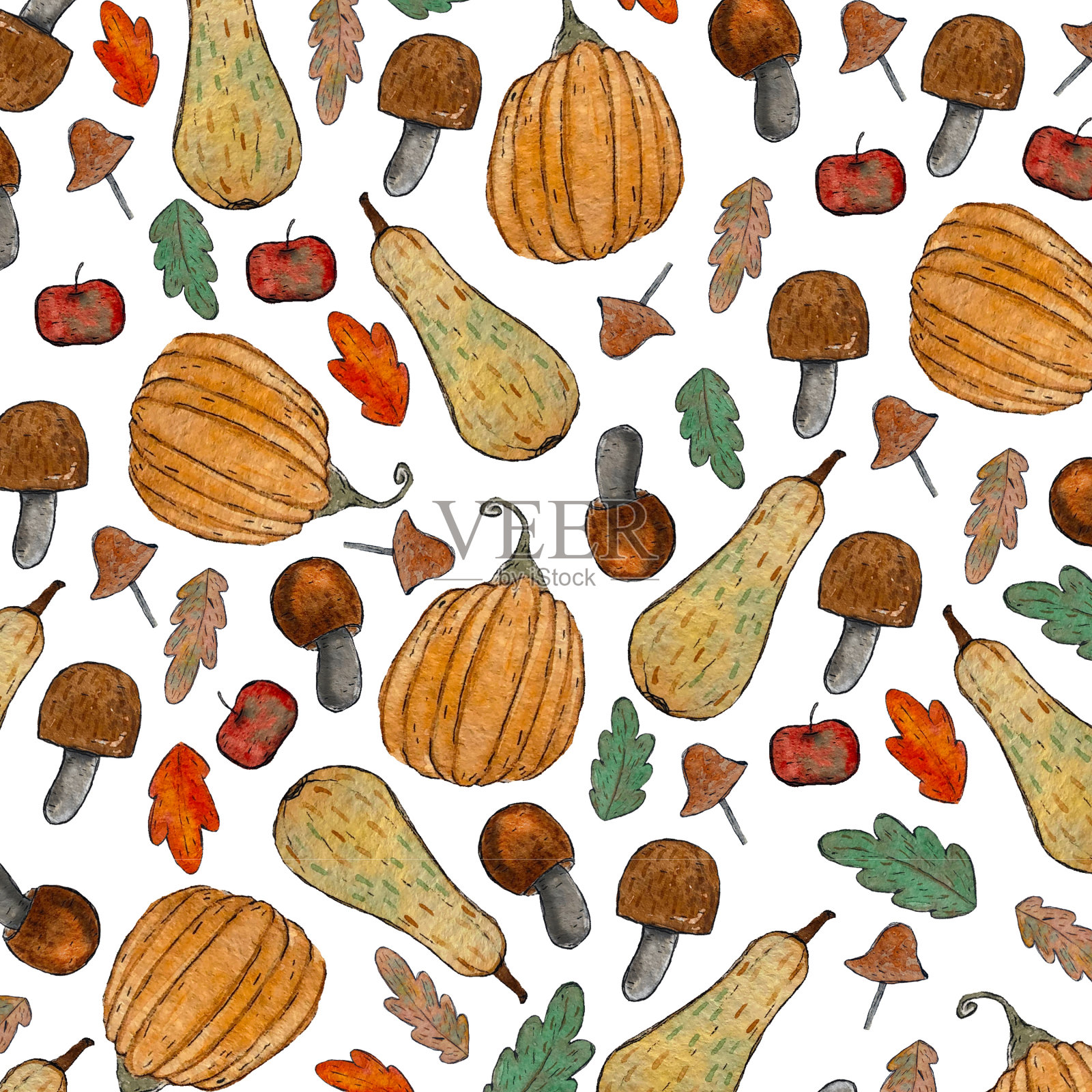 秋季元素无缝图案：蘑菇和南瓜插画图片素材