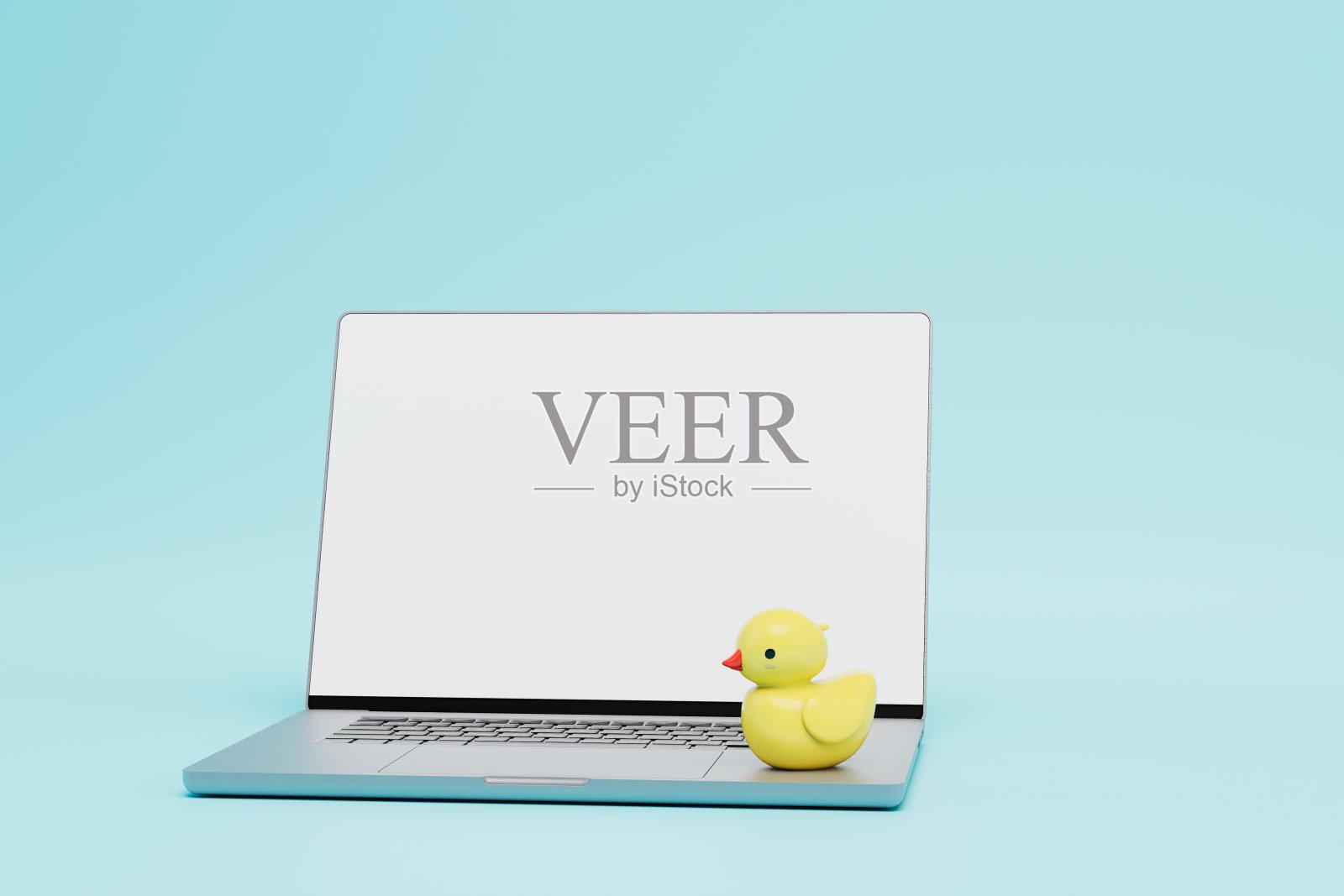在网上订购儿童玩具。笔记本电脑和蓝色背景上的黄色橡皮鸭。三维渲染照片摄影图片
