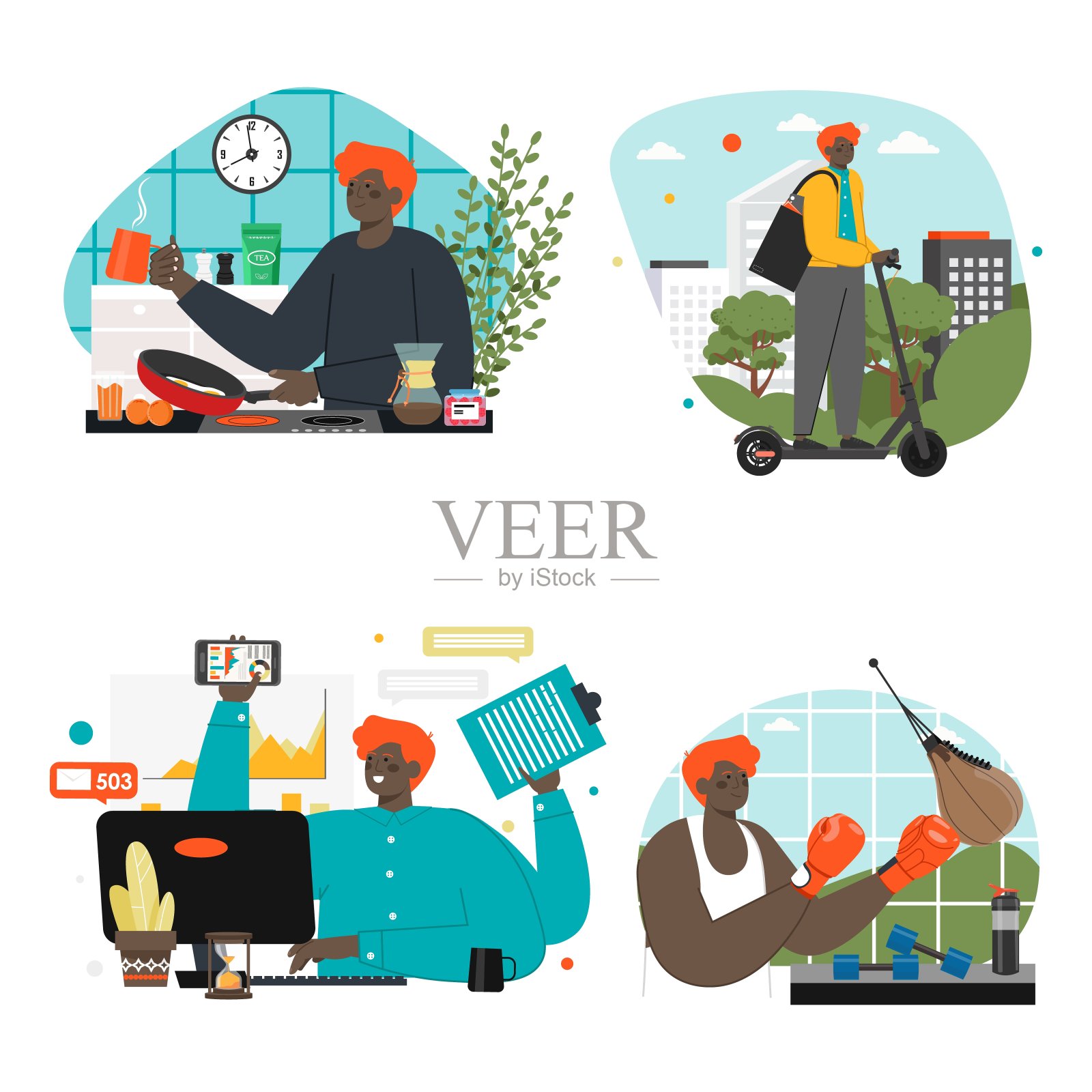 男人每天例行公事矢量生活和工作场景插画图片素材