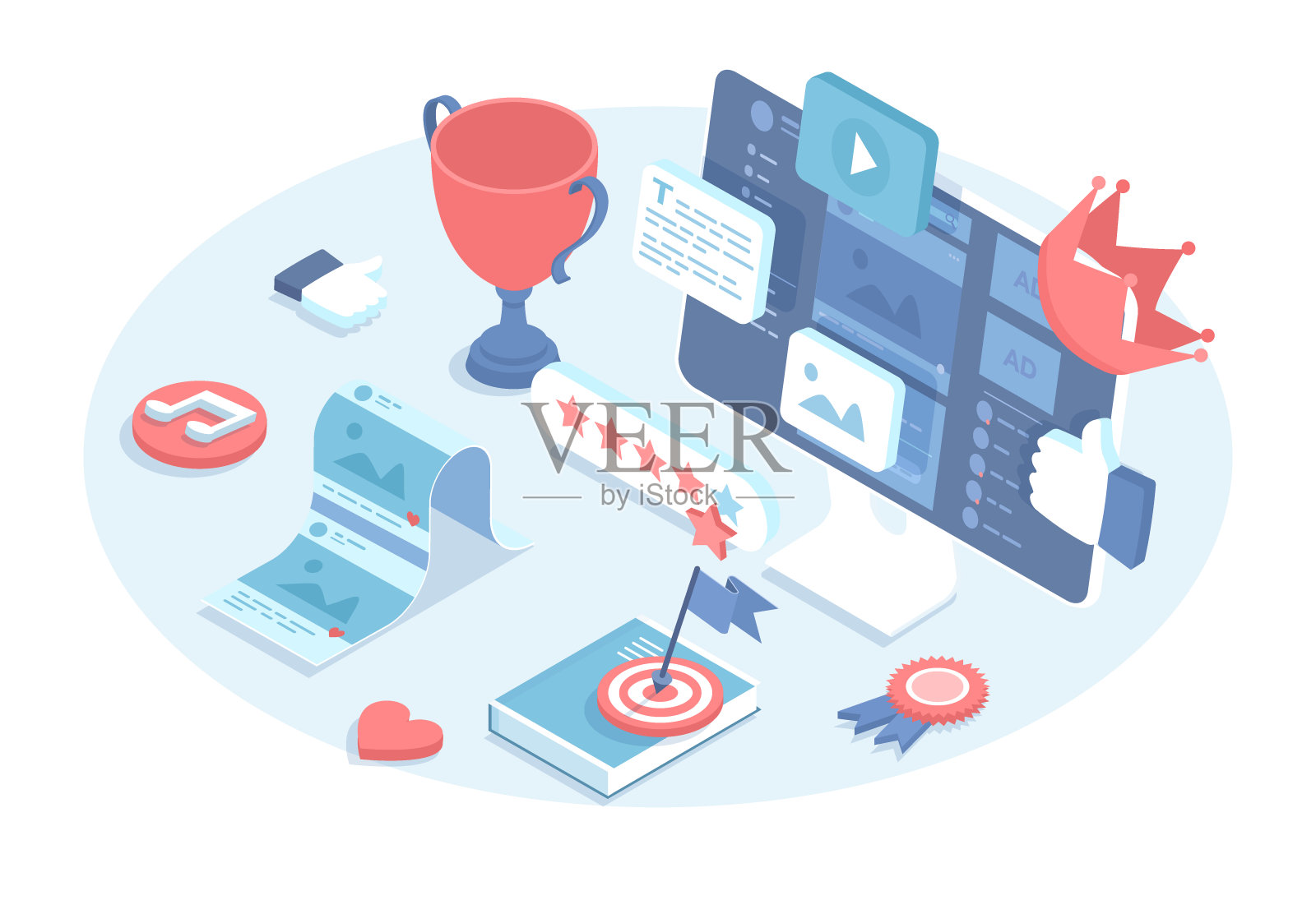 内容管理系统。高质量的内容创作。社交媒体的视频，图片，文字内容。网站营销。三维设计中的矢量插图。等距网页横幅。插画图片素材