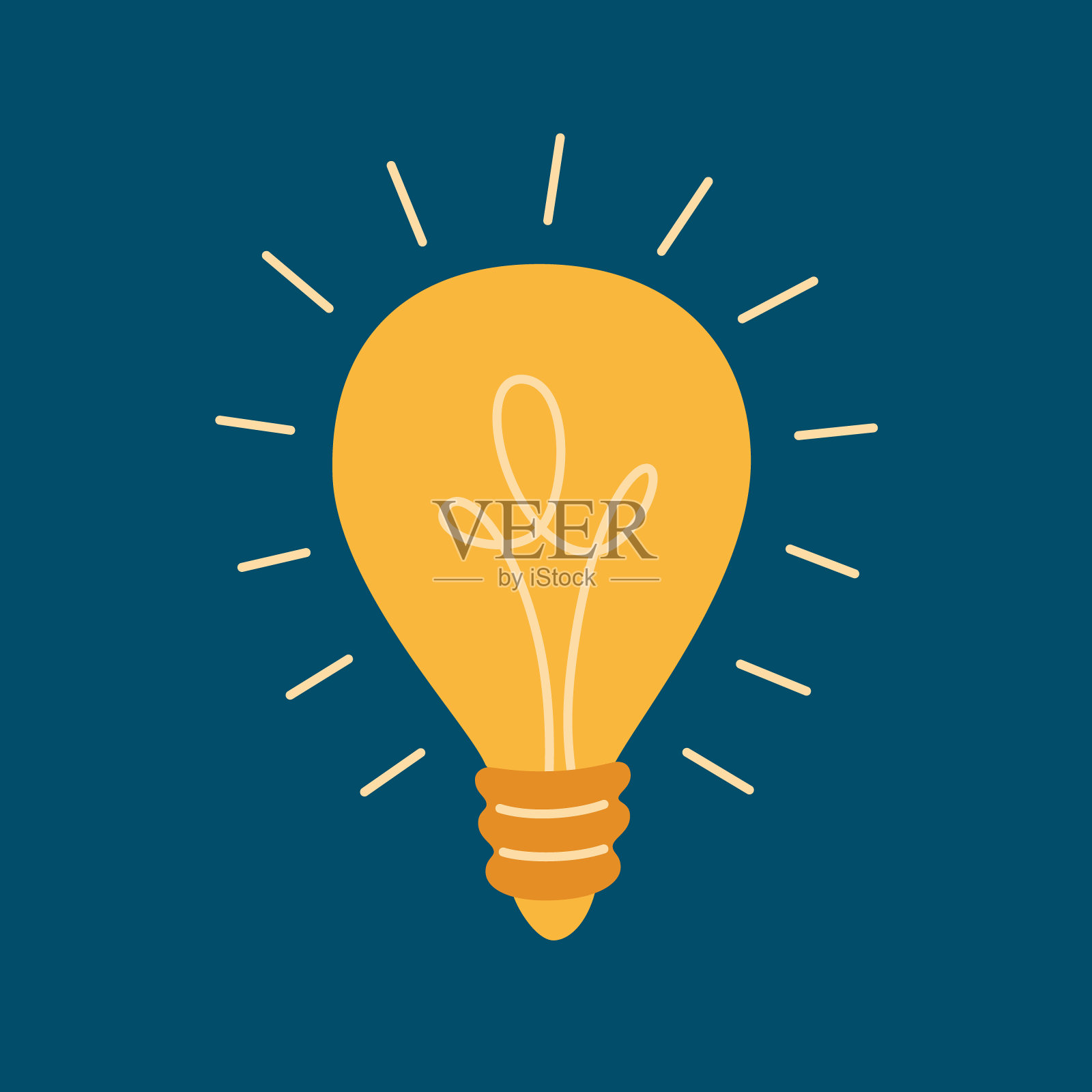 带有光线的灯泡闪闪发光。矢量图标。平面卡通插画，剪贴画。思想、创造力、革新、灵感和发明的象征。插画图片素材