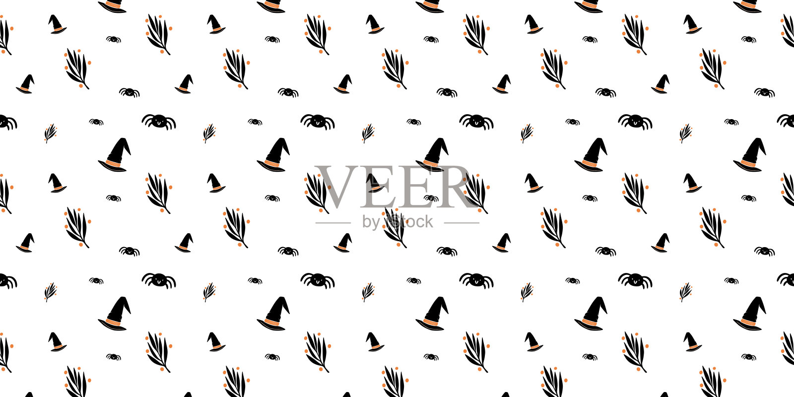 无缝万圣节图案的树枝，帽子，蜘蛛在白色的背景插画图片素材