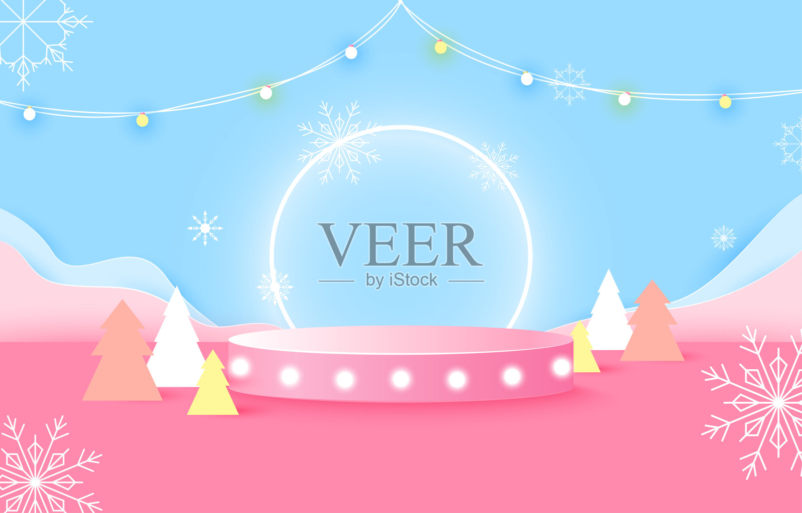 放置产品的平台。蓝色和粉色的背景。剪纸。圣诞节和圣诞树插画图片素材