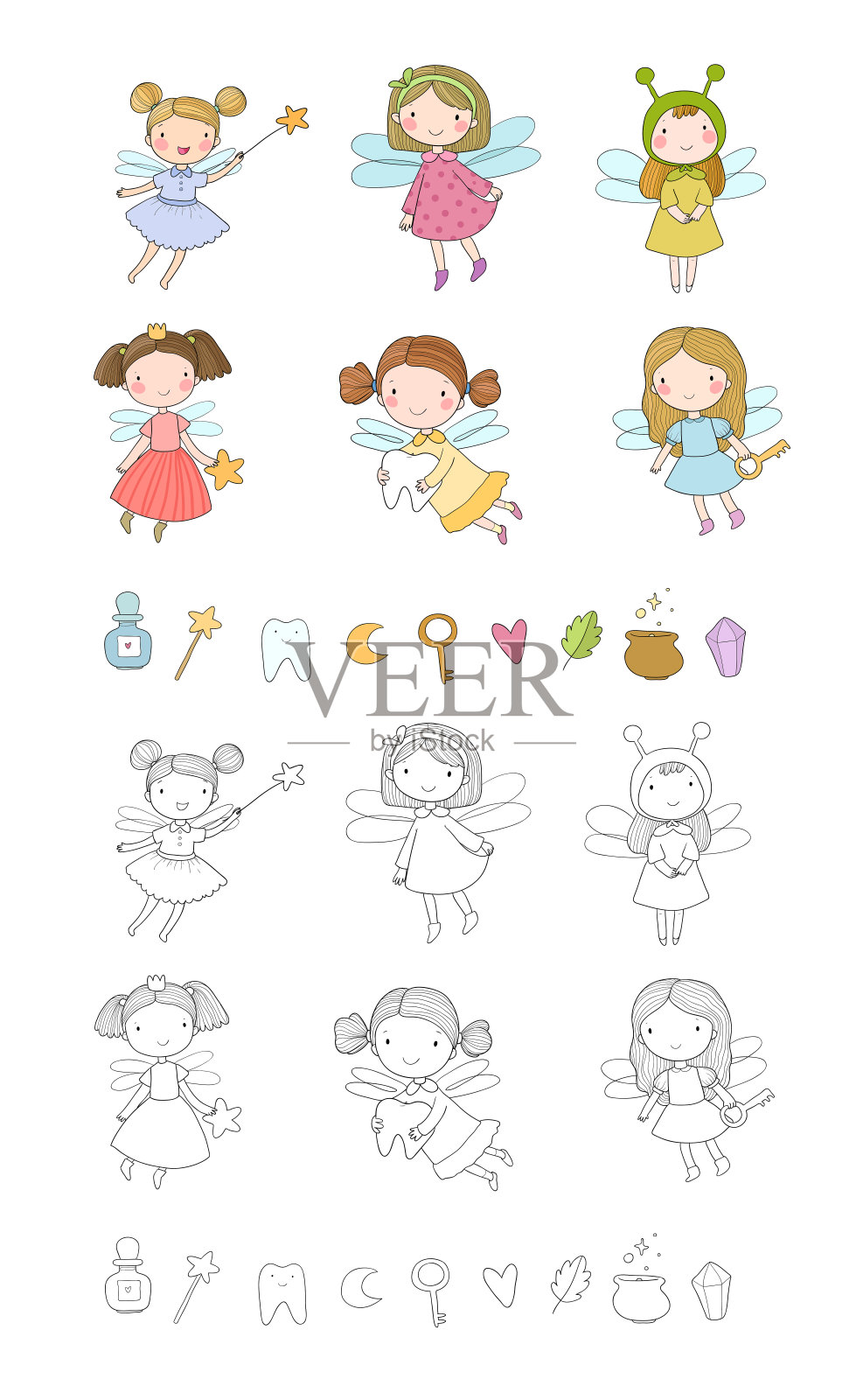 可爱的卡通小仙女。精灵们。儿童插图。牙仙子。涂色书的插图。单色和彩色版本。插画图片素材