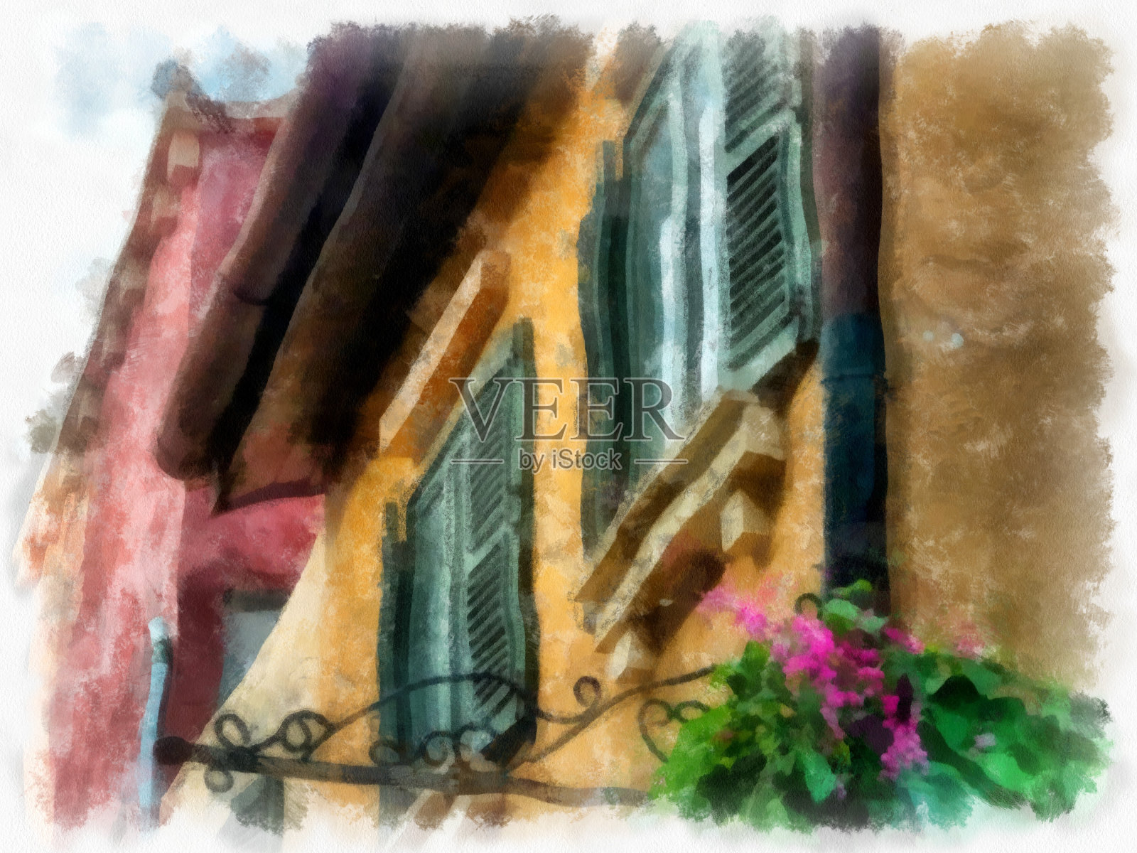 古代意大利乡村建筑，建筑，水彩风格插画，印象派绘画。插画图片素材