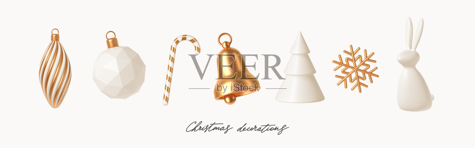 一套白色和金色的现实圣诞装饰。3d渲染矢量插图。设计贺卡或邀请的元素。设计元素图片
