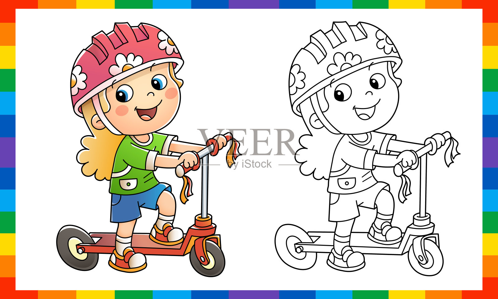 卡通女孩在滑板车上的轮廓。夏天的活动。儿童填色书设计元素图片