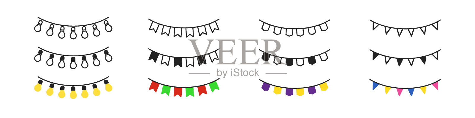 灯和纸花环图标集，庆祝概念，新年装饰灯，圣诞标志，黄色灯泡，平面矢量，派对符号，装饰元素插画图片素材