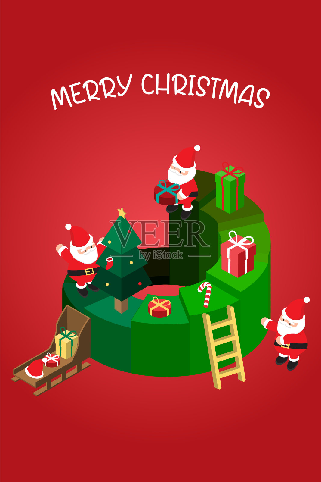 等距圣诞横幅模板与圣诞老人和圣诞礼盒插画图片素材