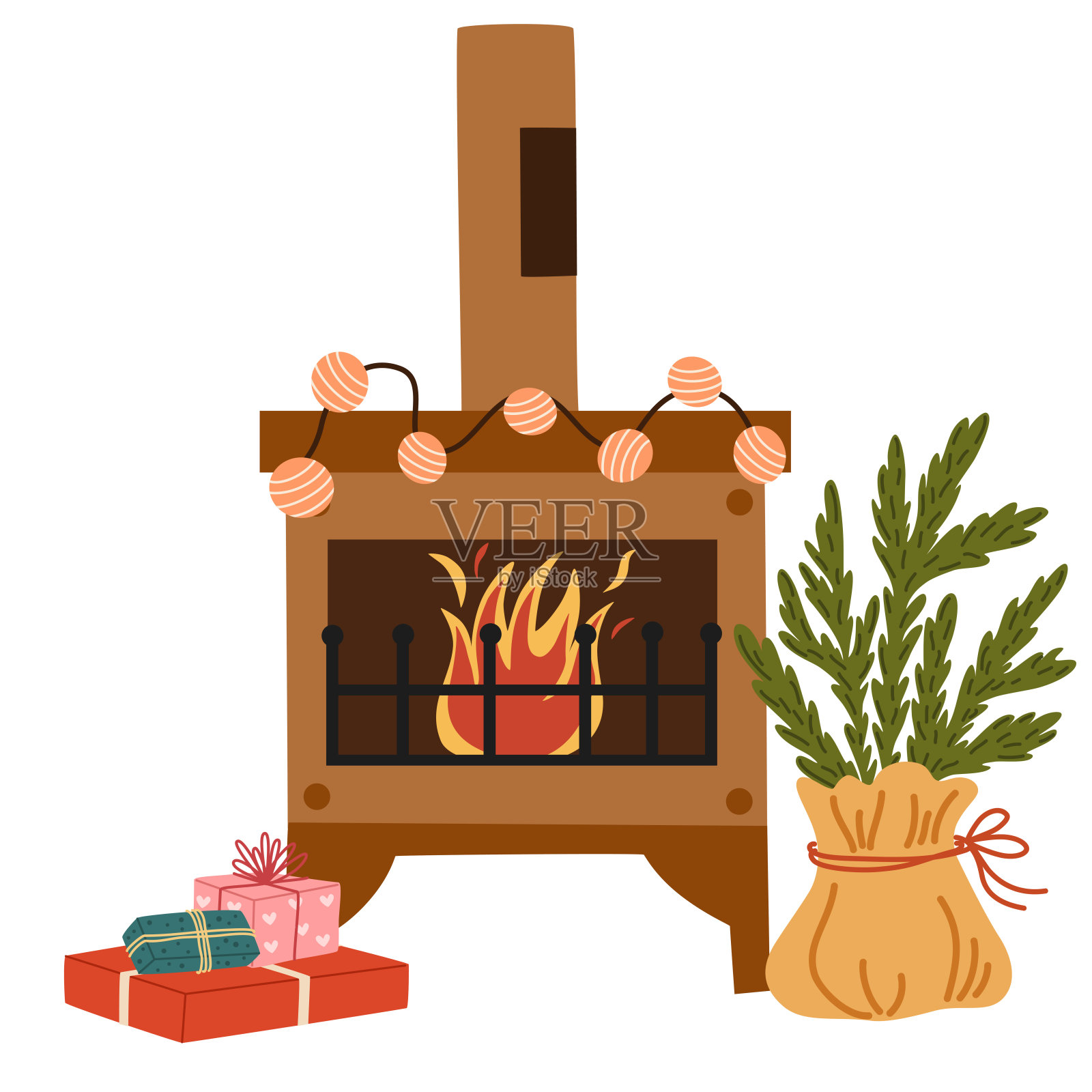 圣诞节的壁炉。家庭壁炉与袜子，袜子，礼物，蜡烛，冷杉和圣诞装饰。温暖舒适的炉与冬季的装饰。平面矢量插图孤立在白色上插画图片素材