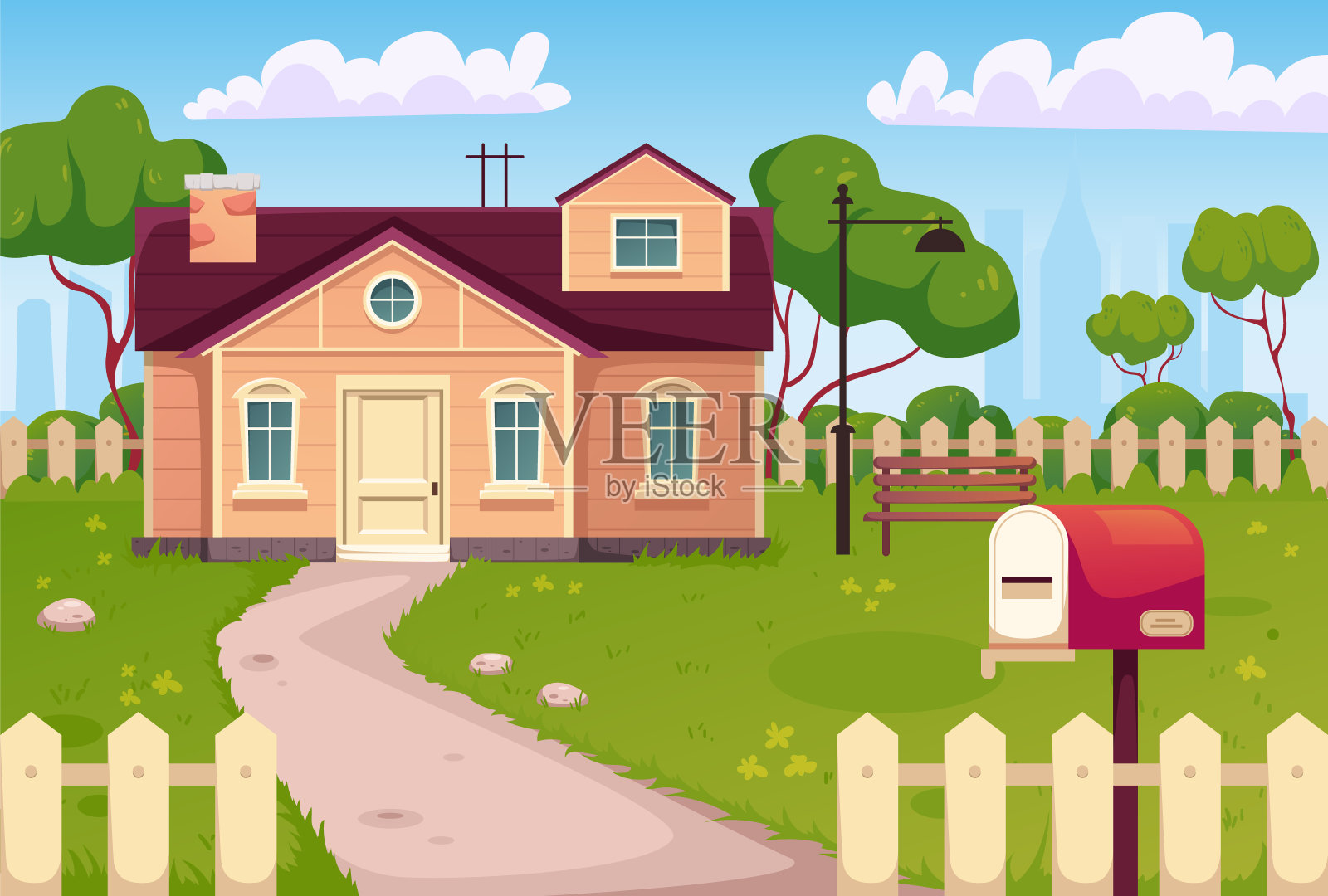 房子乡村街道花园家庭农场农舍的概念。矢量平面设计插图插画图片素材