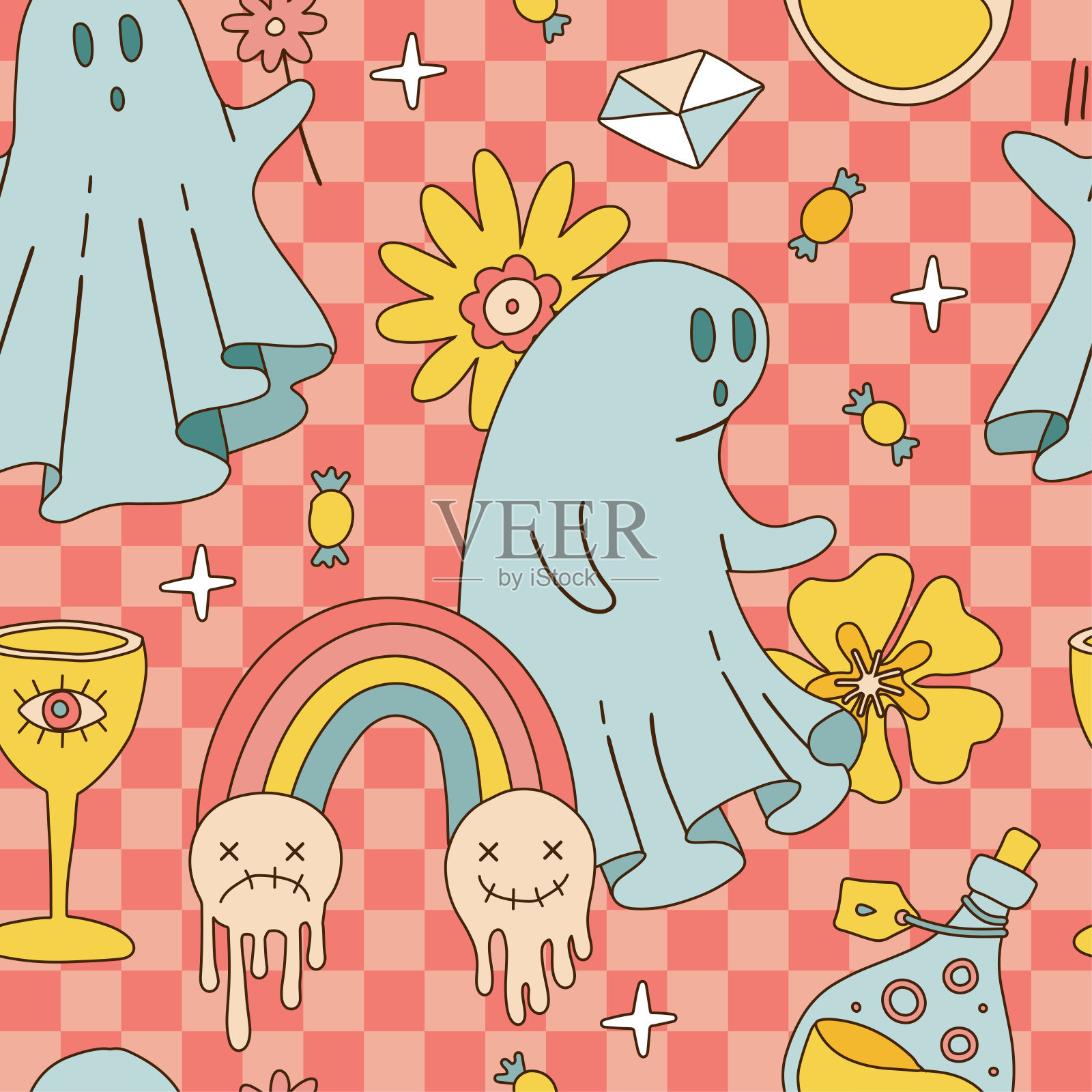 复古70年代60年代嬉皮万圣节无缝图案与幽灵，雏菊蝴蝶花和药水烧瓶彩虹元素。Groovy幽灵格纹背景。手绘轮廓矢量插图插画图片素材