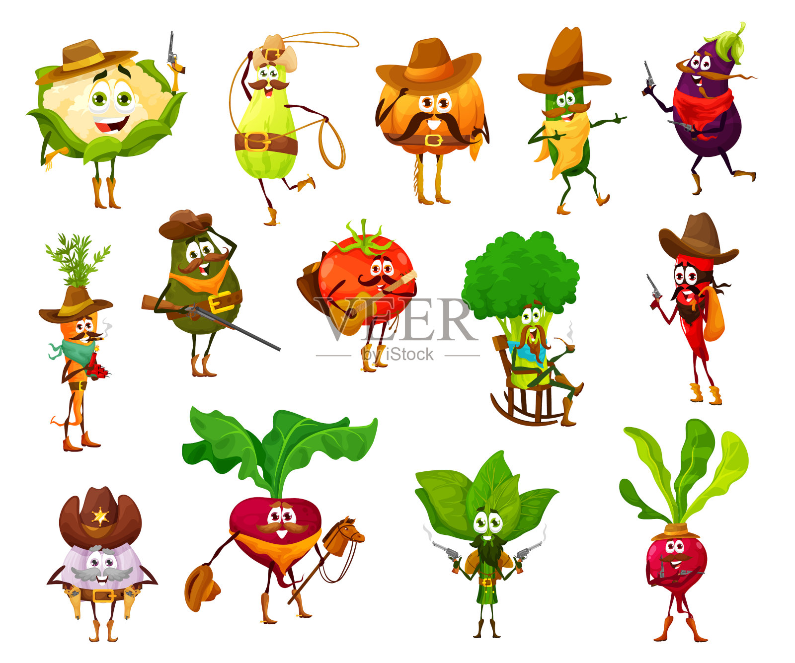 卡通搞笑牛仔蔬菜警长或护林员插画图片素材