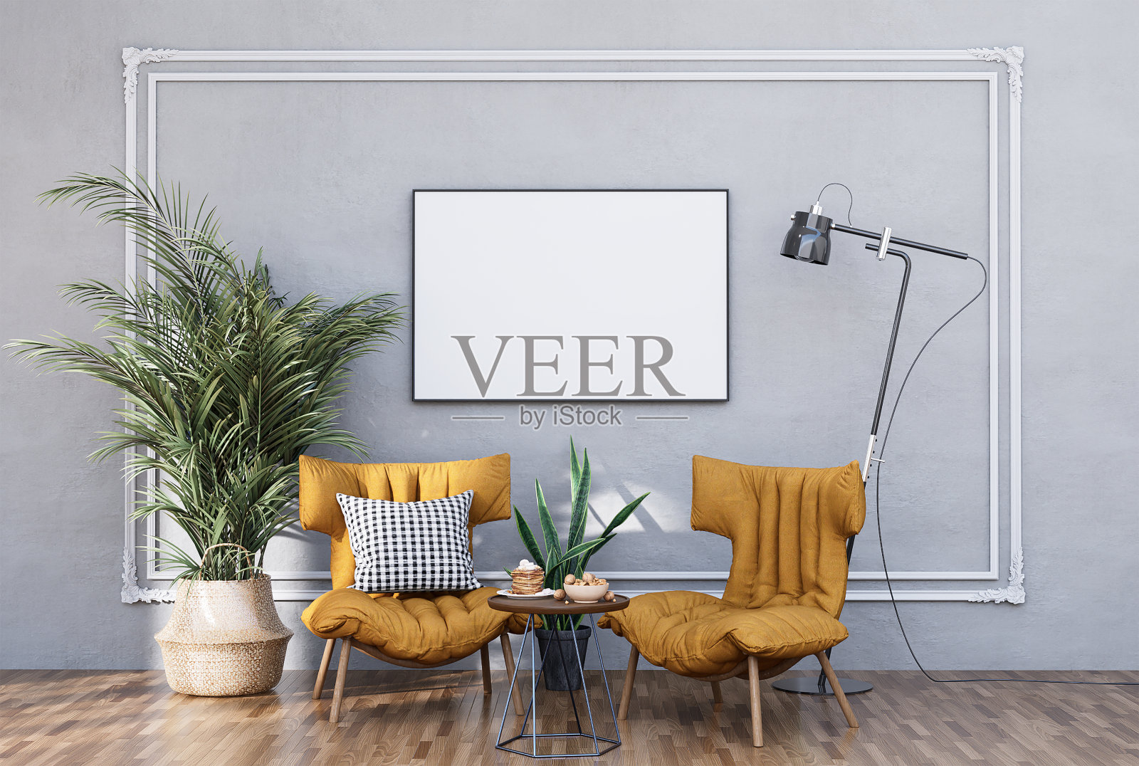 在现代室内装饰齐全的房间里模拟海报框架照片摄影图片