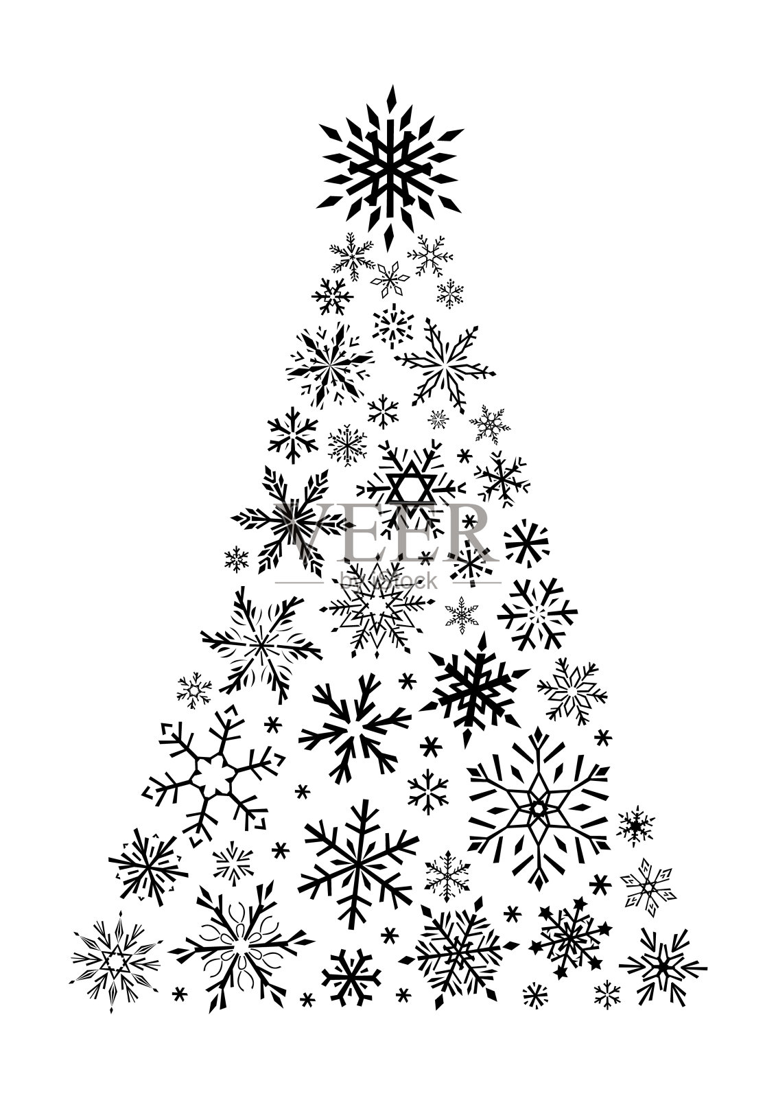 用图画雪花做成的圣诞树。黑白矢量插图。插画图片素材