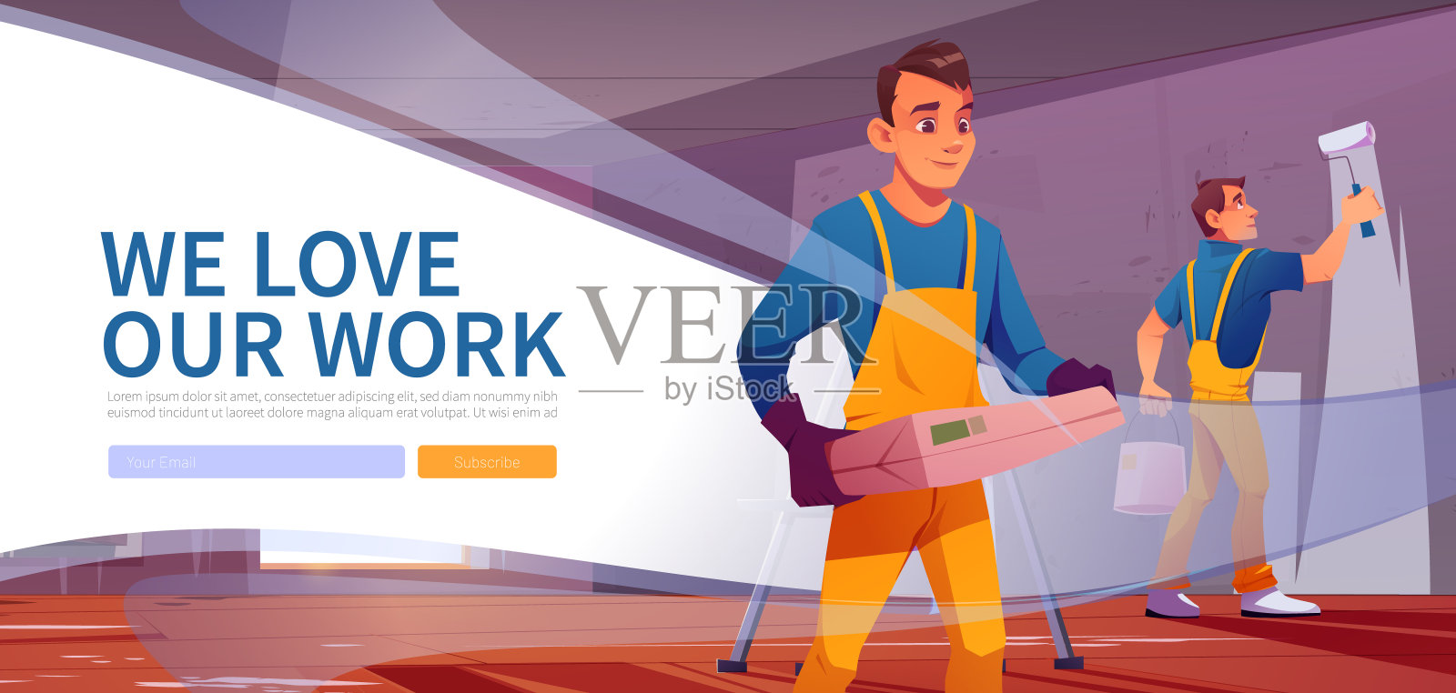 我们爱我们的工作网页横幅，工人团队落地插画图片素材
