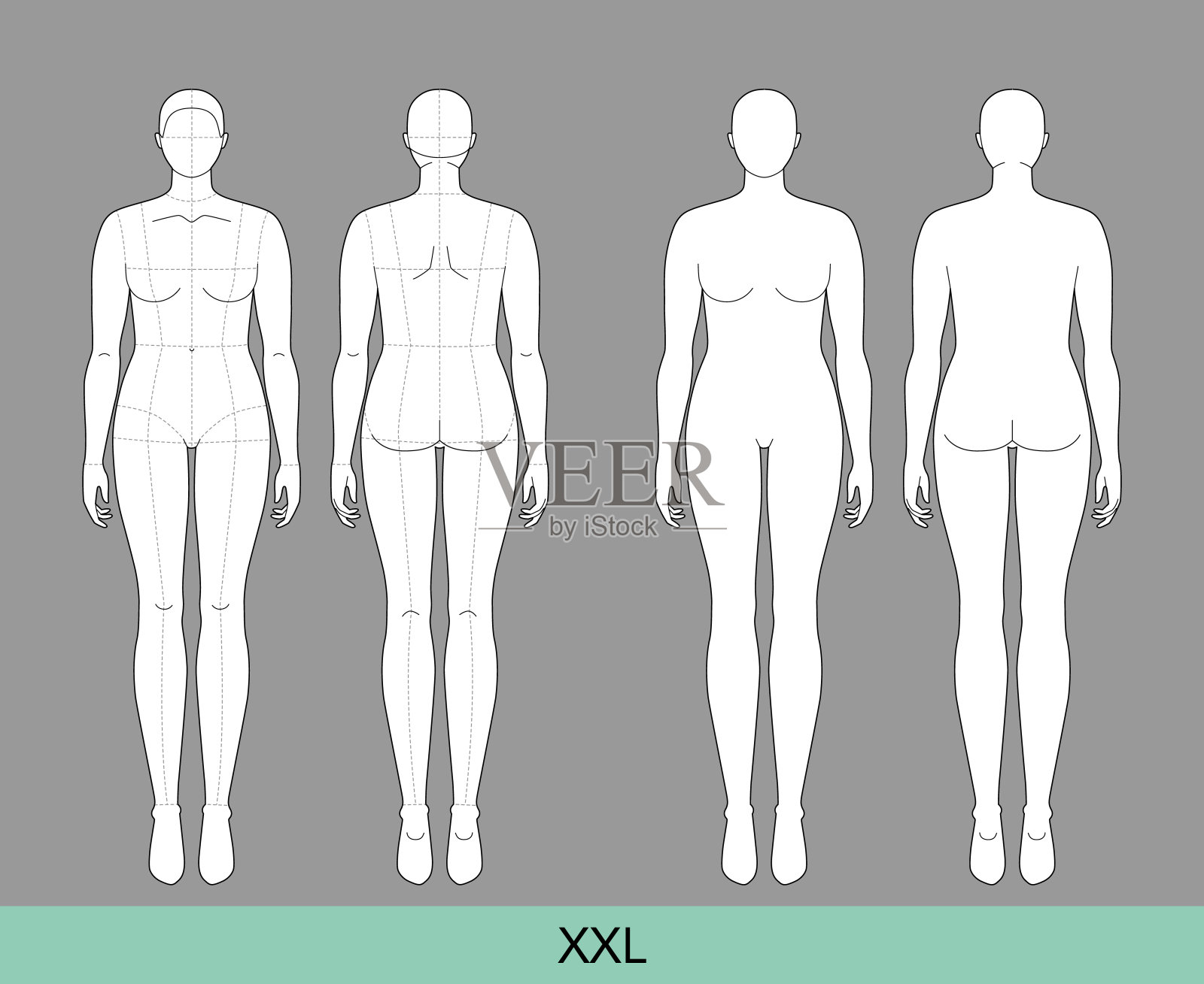 套装XXL女性时尚模板9 9头大小的Croquis加上大小的女士模特曲线身材的前，后视图。矢量轮廓草图女孩为时装设计，插图，技术图纸插画图片素材