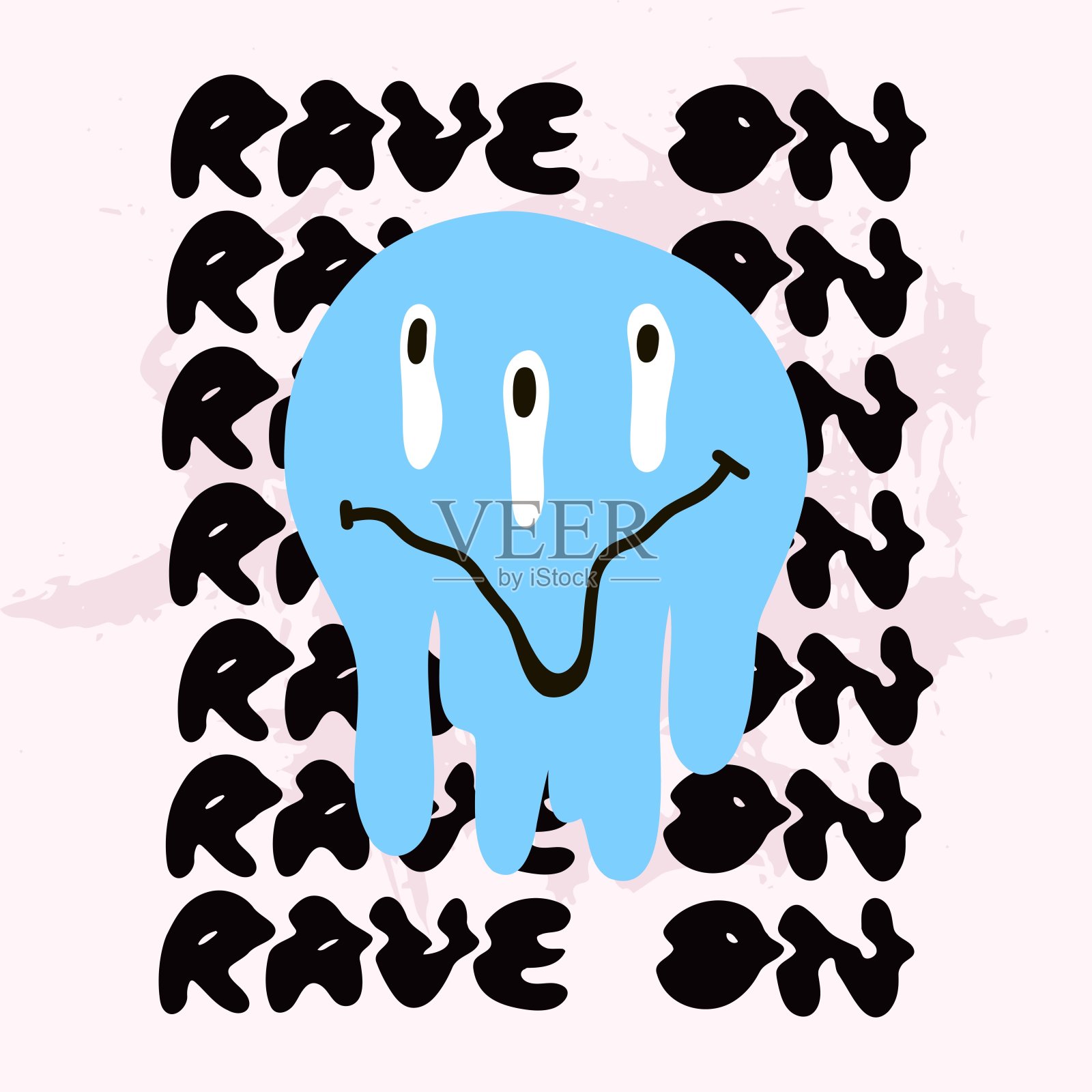 融化的笑容。狂欢的短语。蓝色时髦的表情符号，滴水融化有趣的字符和字母，70年代嬉皮迷幻卡片或海报，矢量卡通扁平风格孤立插图插画图片素材