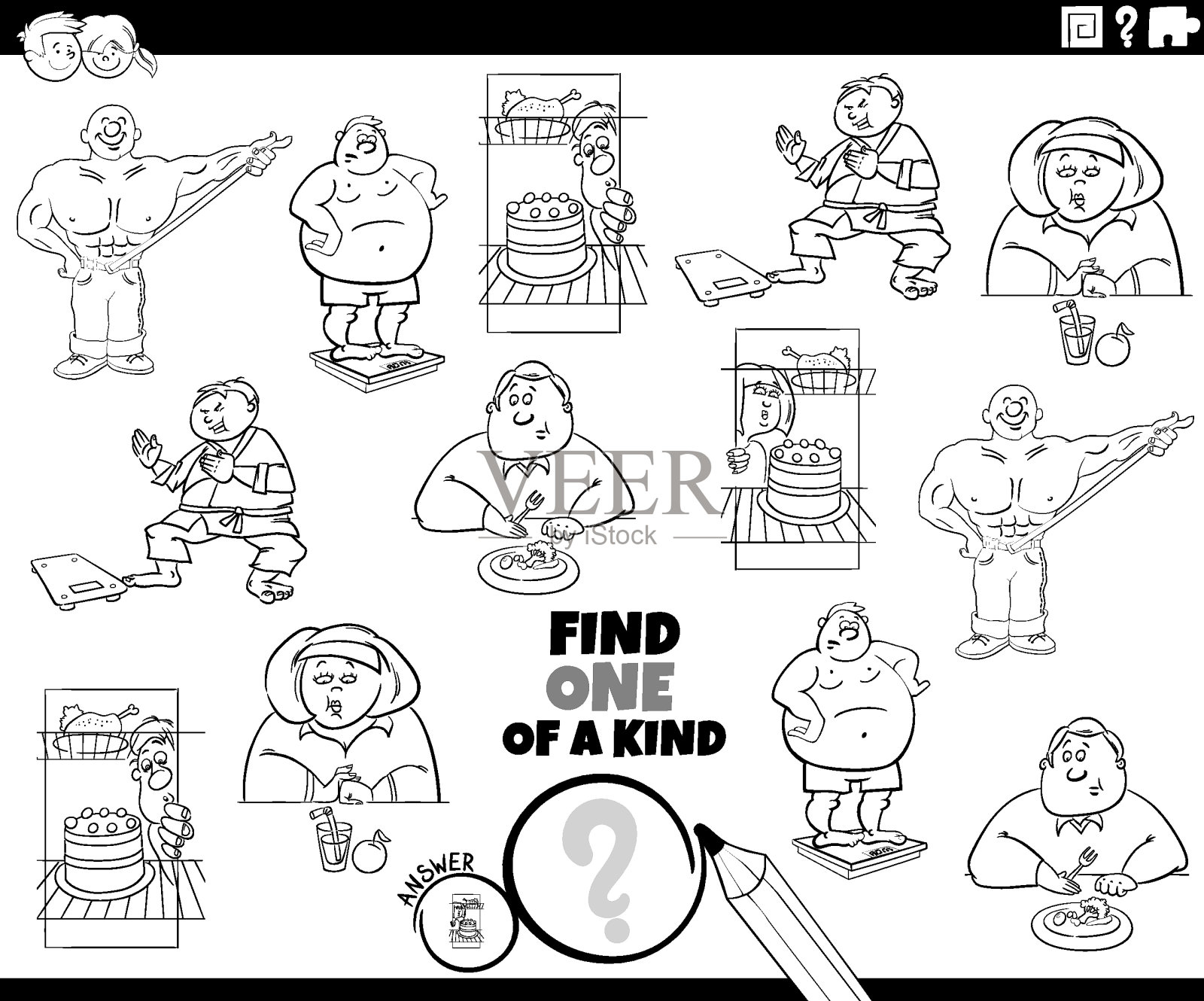 一个与卡通人物在饮食着色页的一种游戏插画图片素材