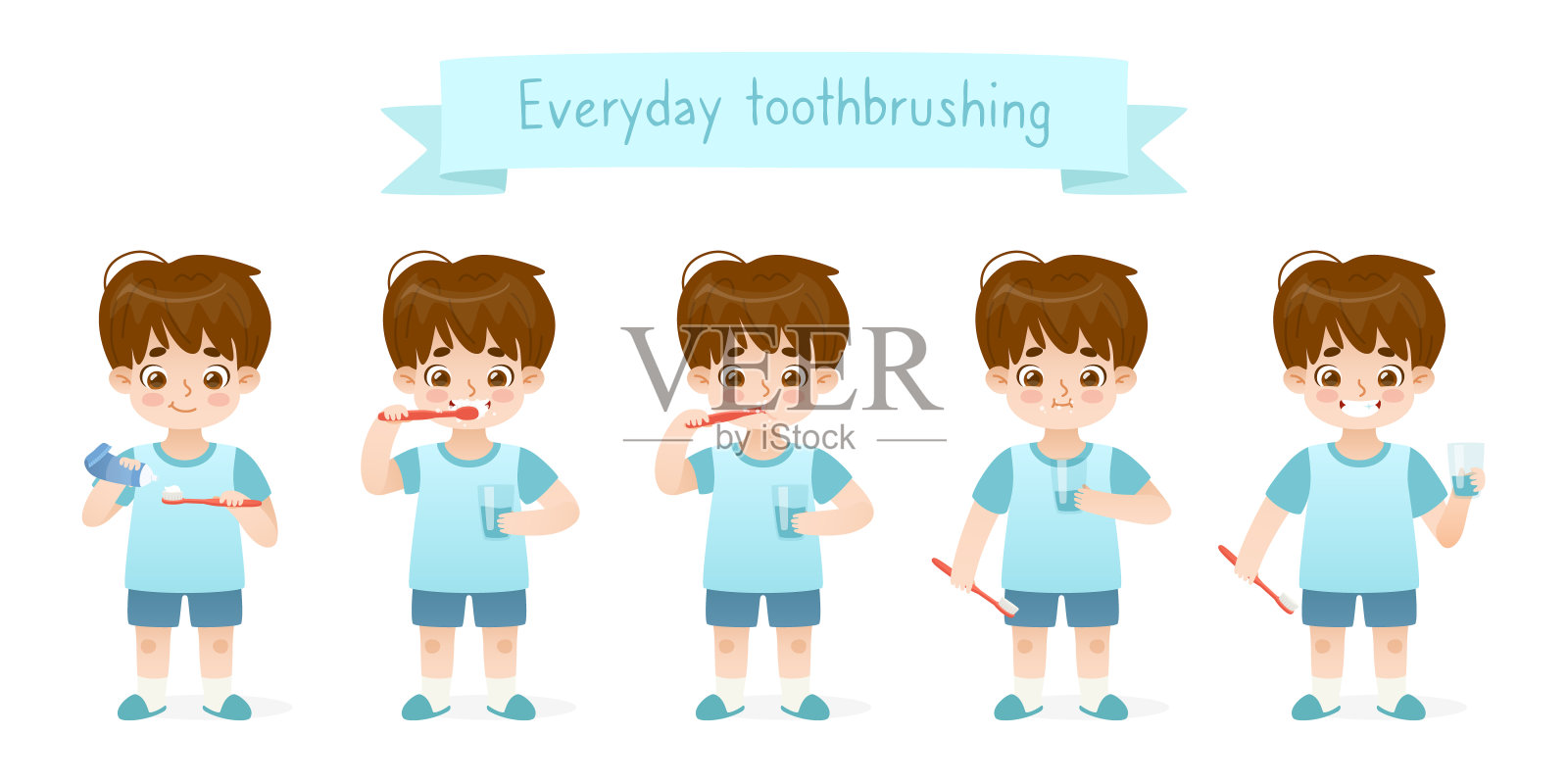 每天用卡通小男孩刷牙。儿童牙齿卫生。可爱的孩子刷牙。插画图片素材