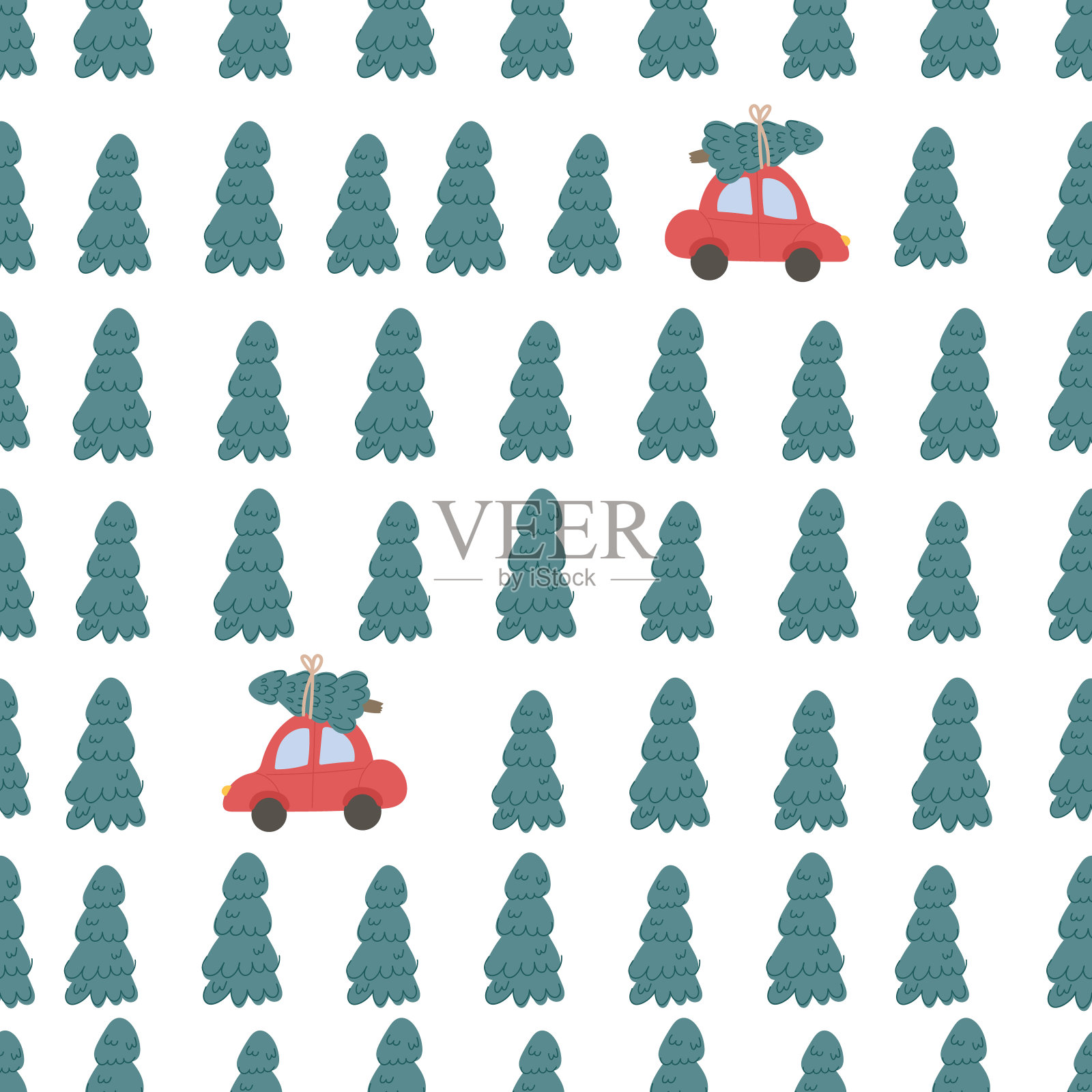 红色汽车和圣诞树的无缝模式。图案与圣诞节和冬天的概念。插画图片素材