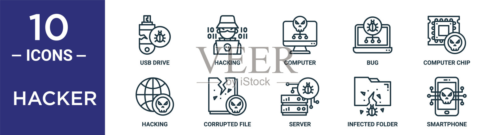 黑客轮廓图标集包括细线usb驱动器，计算机，计算机芯片，损坏的文件，受感染的文件夹，智能手机，黑客图标报告，演示，图表，网页设计插画图片素材