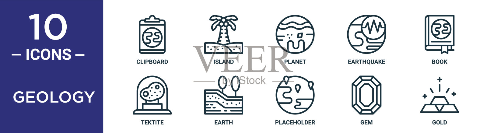 地质轮廓图标集包括细线剪贴板，行星，书，地球，宝石，黄金，玻璃陨石图标报告，演示，图表，网页设计插画图片素材
