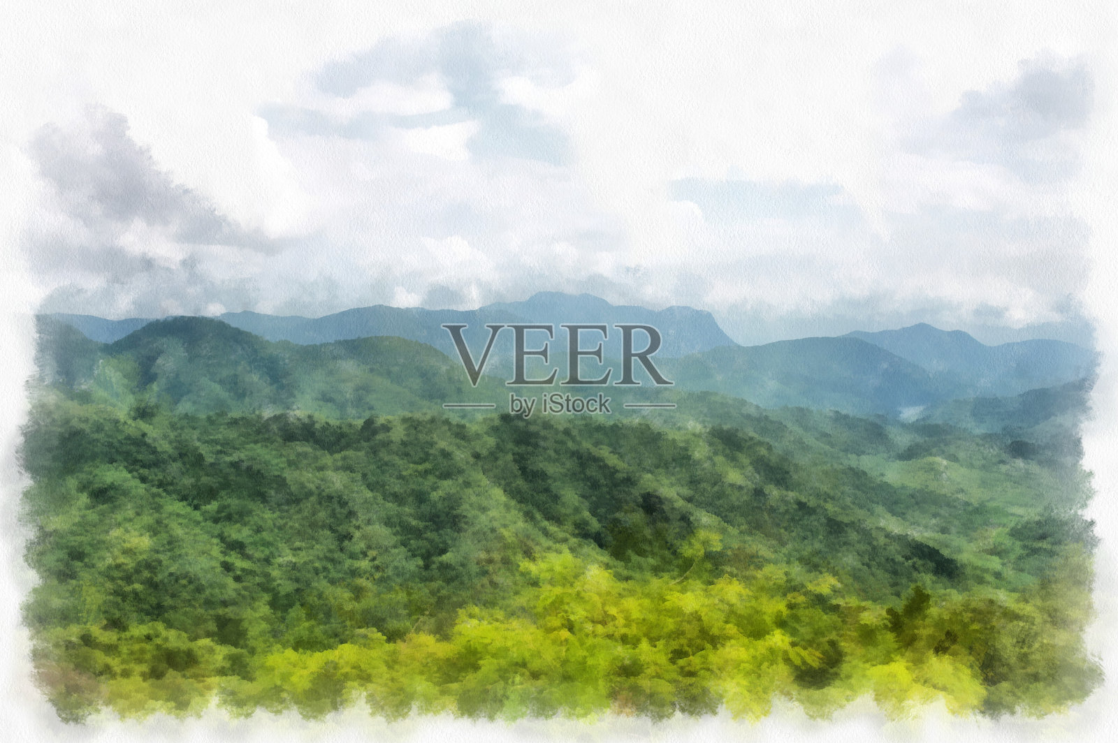 山林山水和野营水彩风格插画印象派绘画。插画图片素材