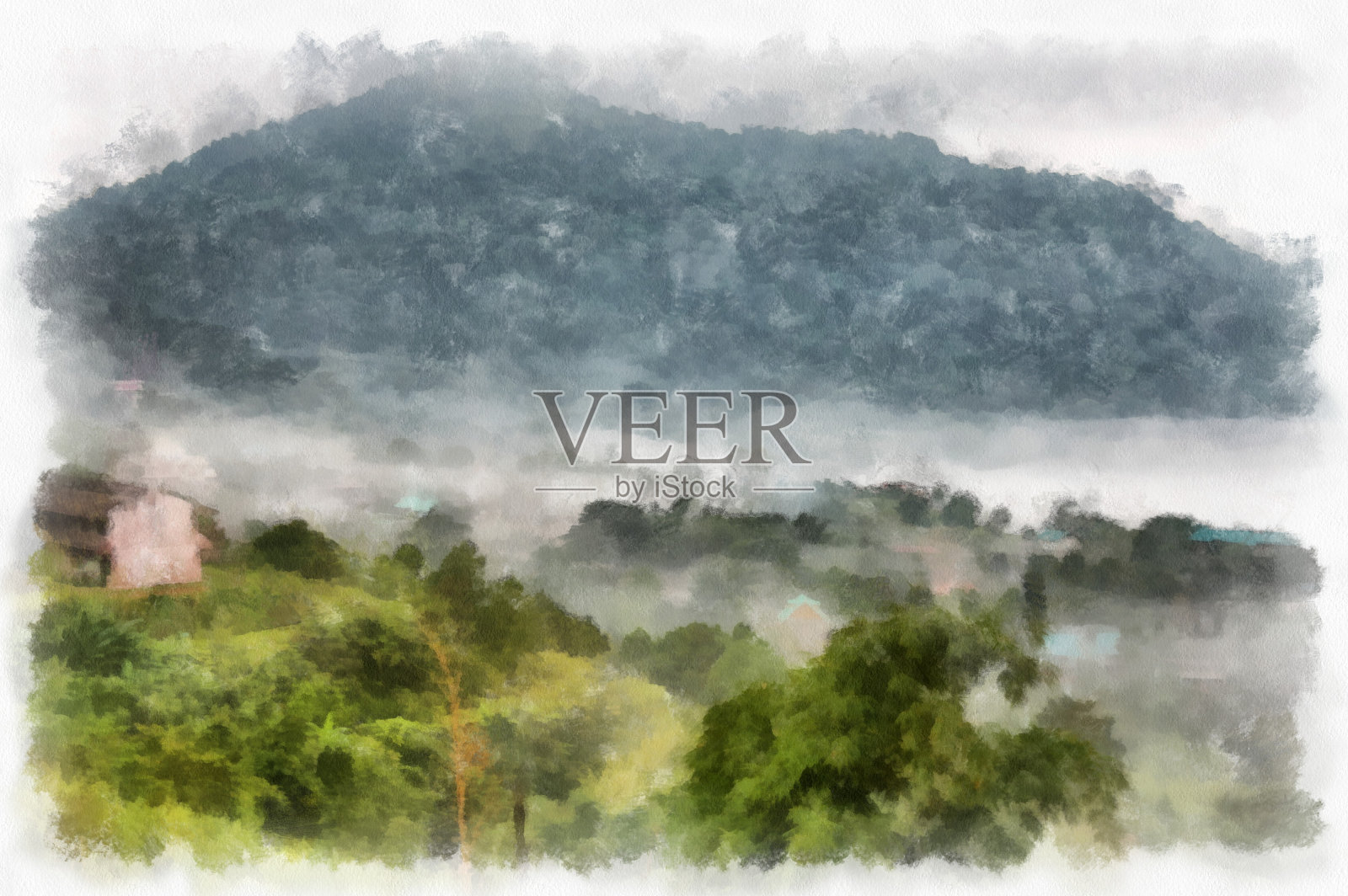 山林山水和野营水彩风格插画印象派绘画。插画图片素材