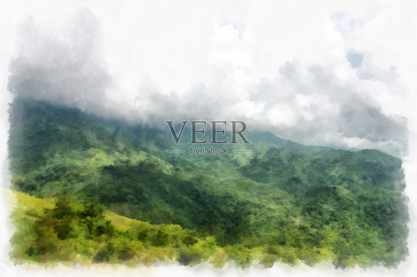 山林山水和野营水彩风格插画印象派绘画。插画图片素材