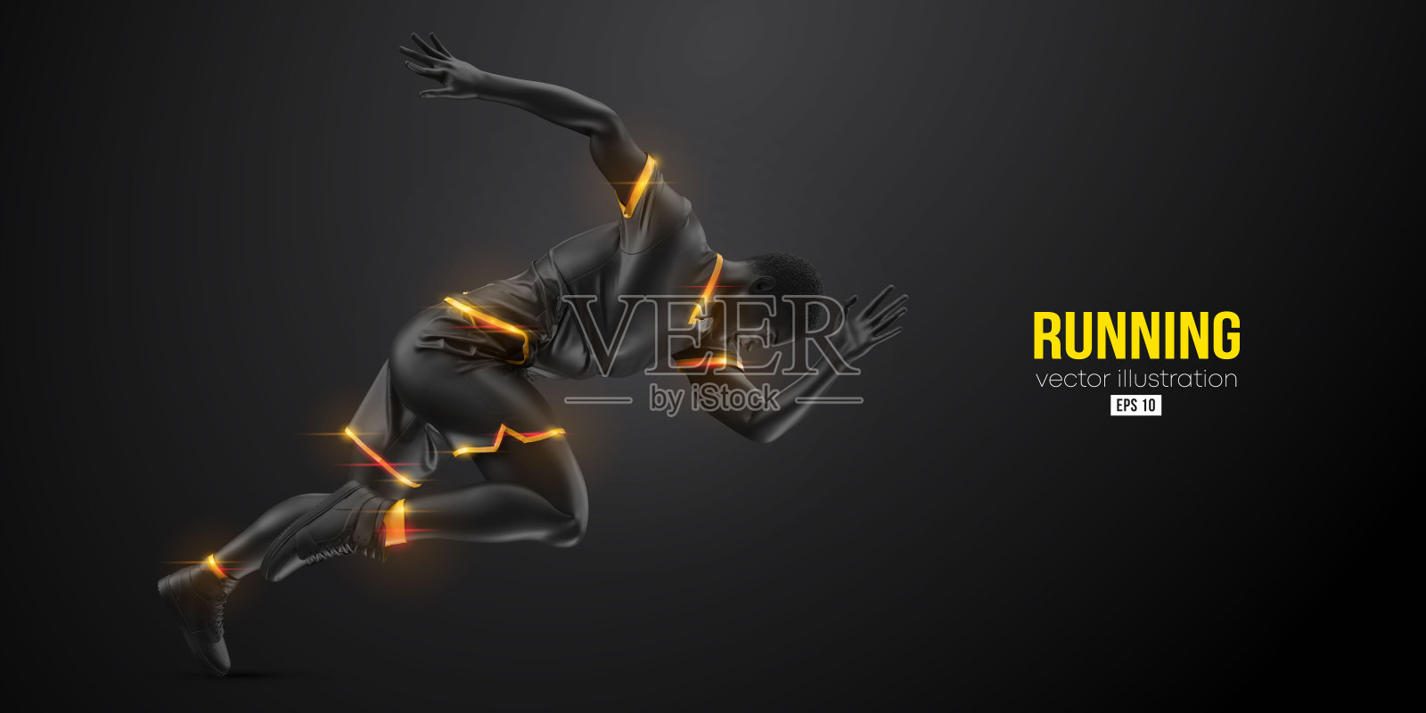 一个跑步运动员在黑色背景上的抽象剪影。跑步的人跑短跑或马拉松。矢量图设计模板素材