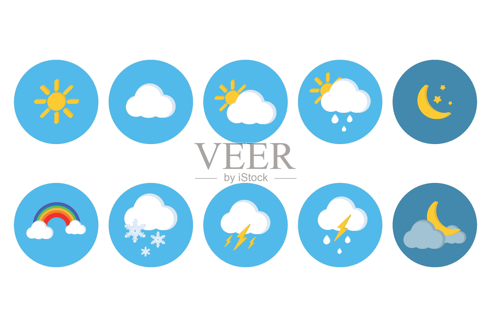 天气图标集。矢量插图的平面颜色天气图标。为天气预报设置的网站或移动应用程序ui图标。天气图标打印，网页或移动应用程序图标素材