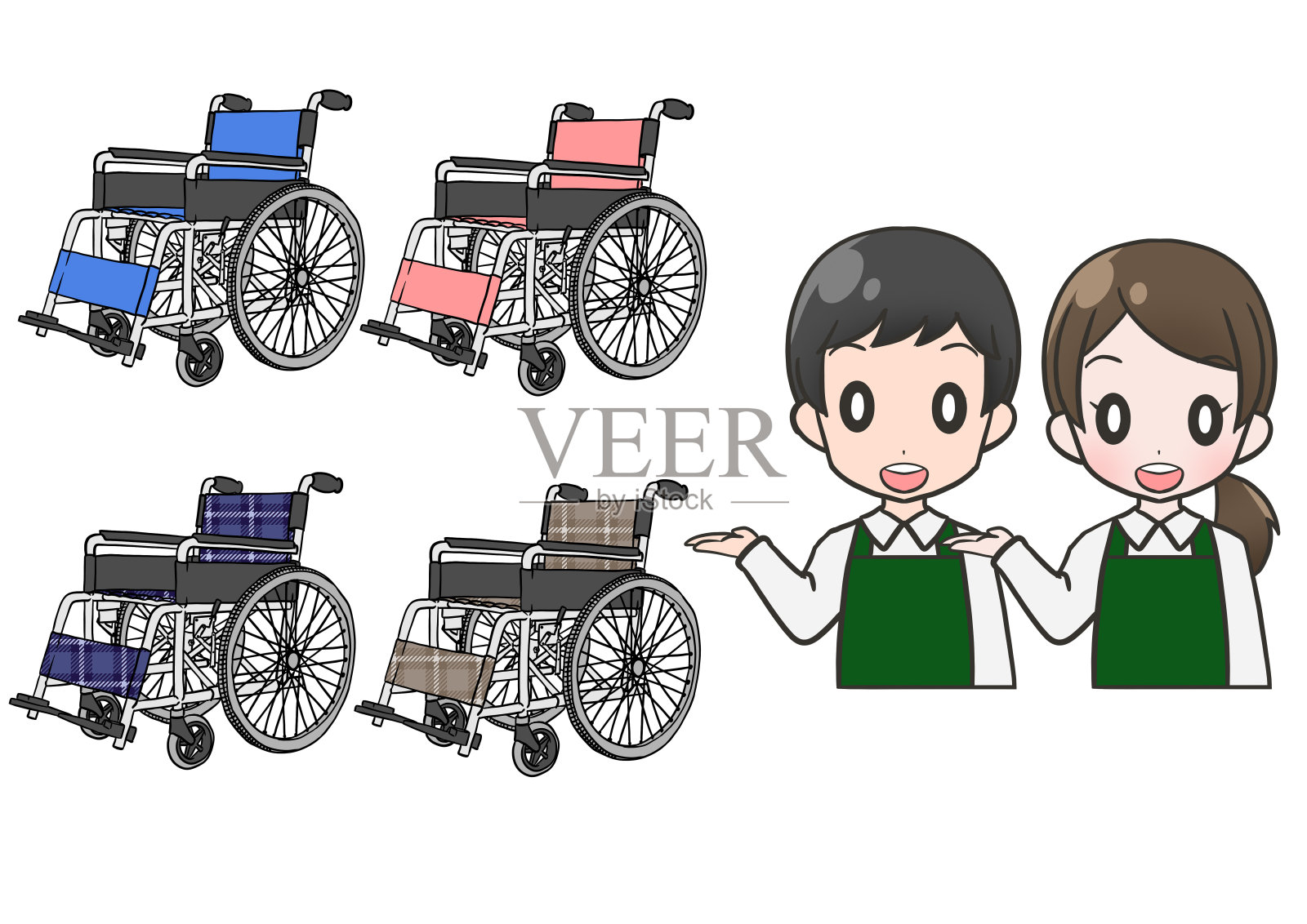轮椅出租店和店员店男女上半身用围裙设计元素图片