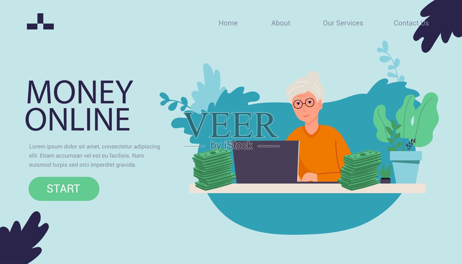 厚脸皮的老奶奶用电脑赌博赚钱。年迈的奶奶在家里肆无忌惮地玩网上赌场，年迈的女人下注赢了，老人的内心矢量插画，插画图片素材