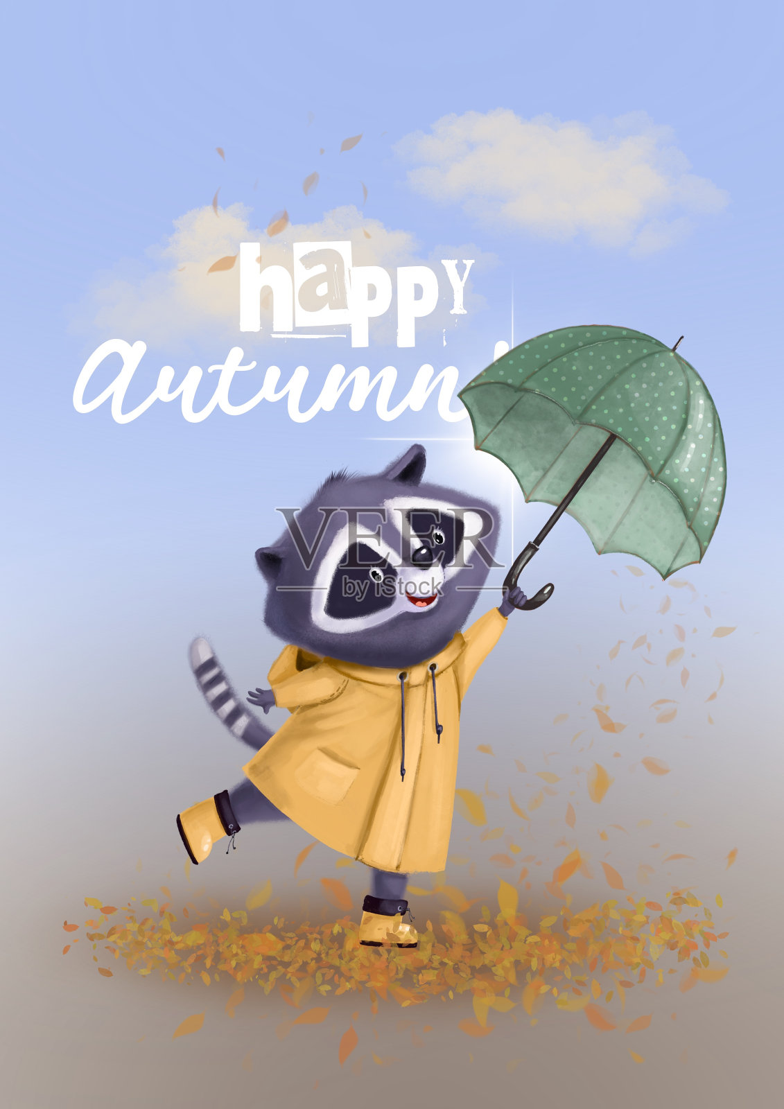 快乐的秋天卡片设计与可爱的浣熊插画图片素材