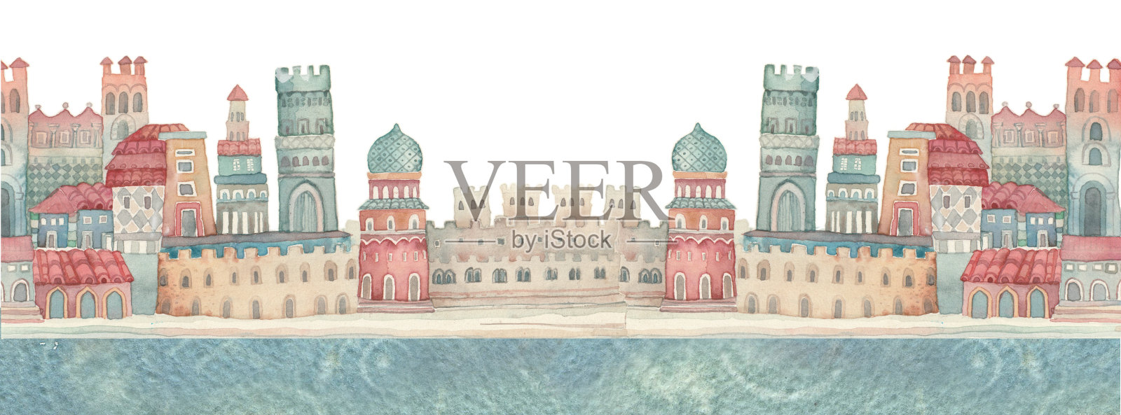 乡村山水幻境，水彩插画插画图片素材