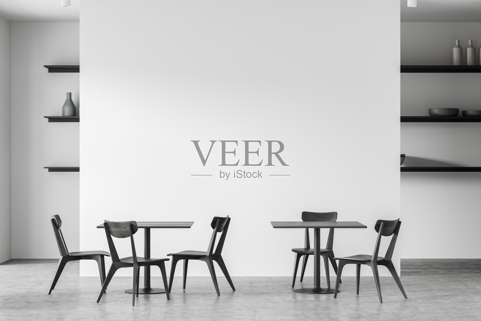 轻咖啡室内有桌椅，架子与装饰。模型空墙照片摄影图片