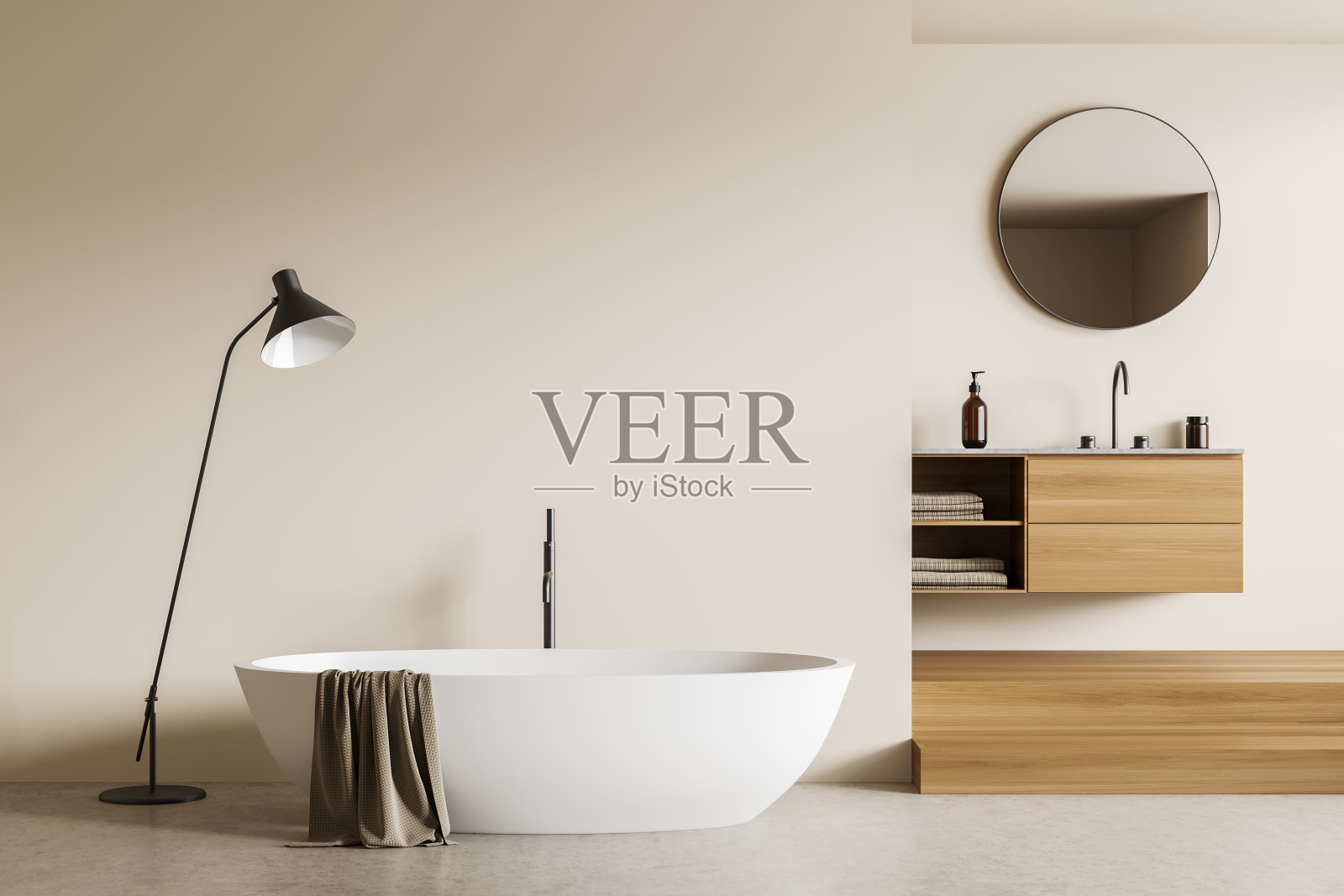 浴室内部配有浴缸和水槽。模型空墙照片摄影图片