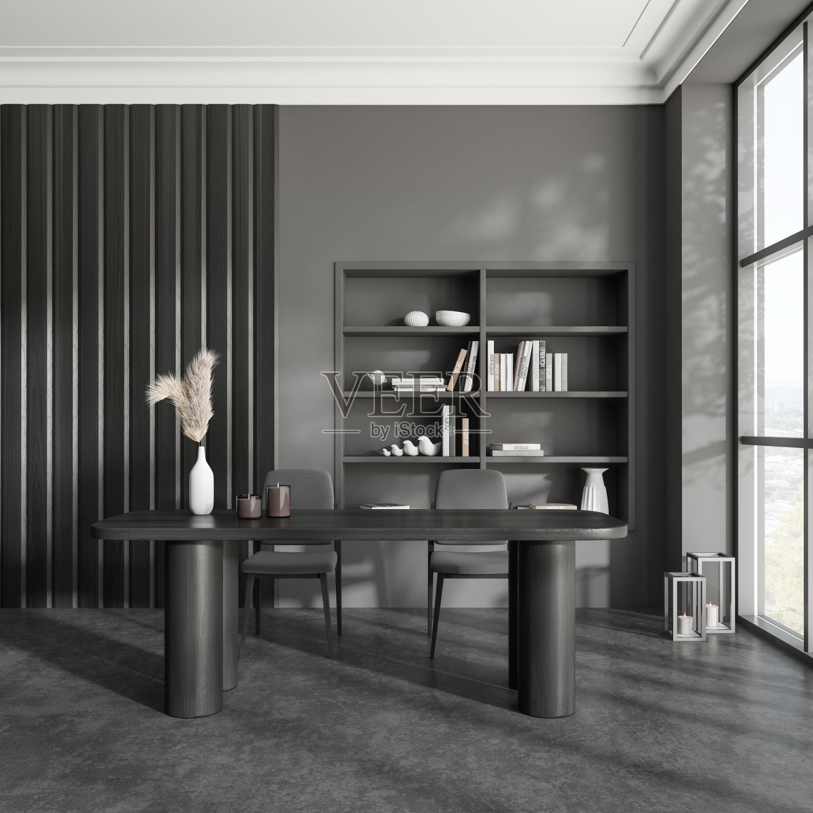 灰色的客厅内部有餐桌和椅子，有窗户的架子照片摄影图片