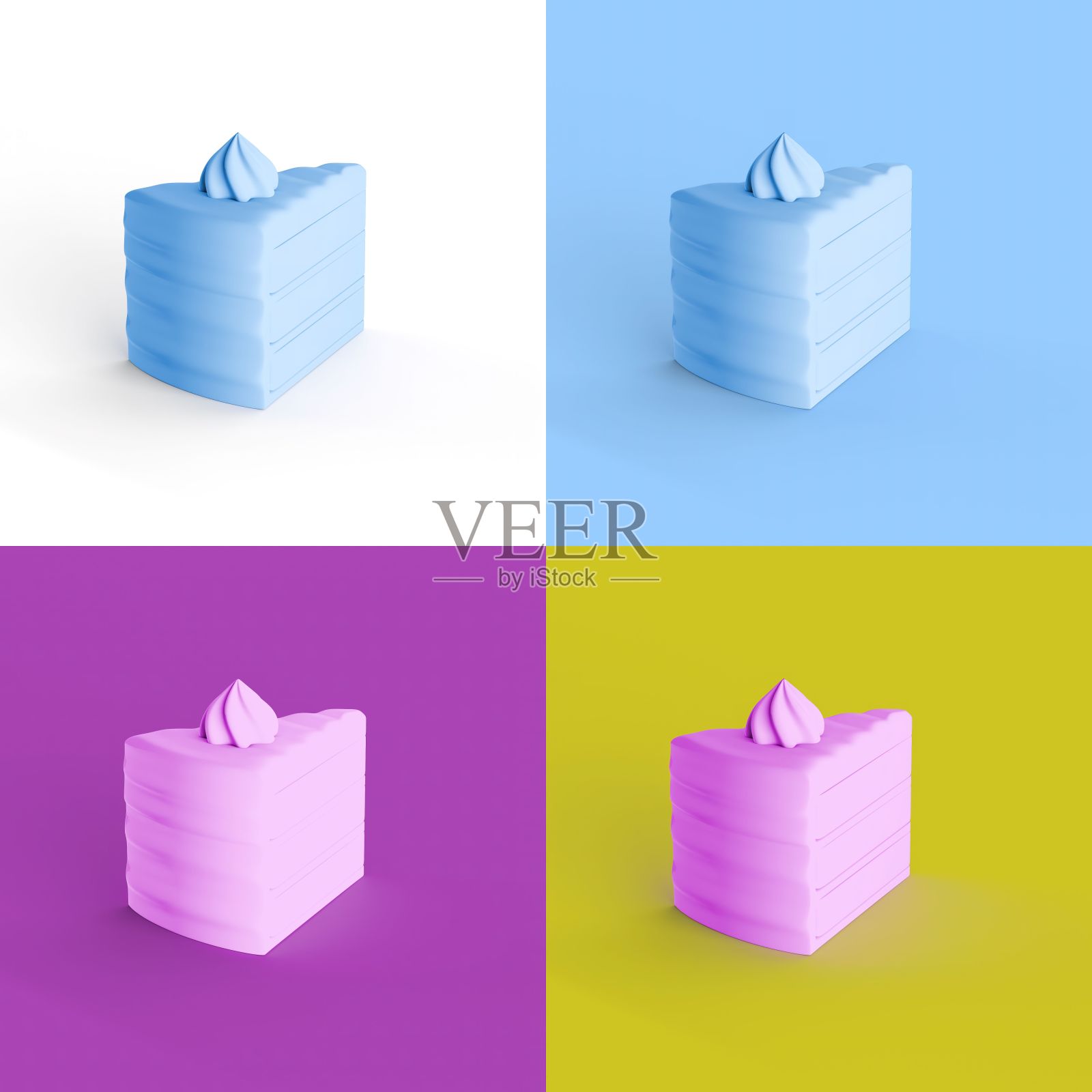 用四种不同配色方案呈现一块蛋糕的3D渲染图照片摄影图片