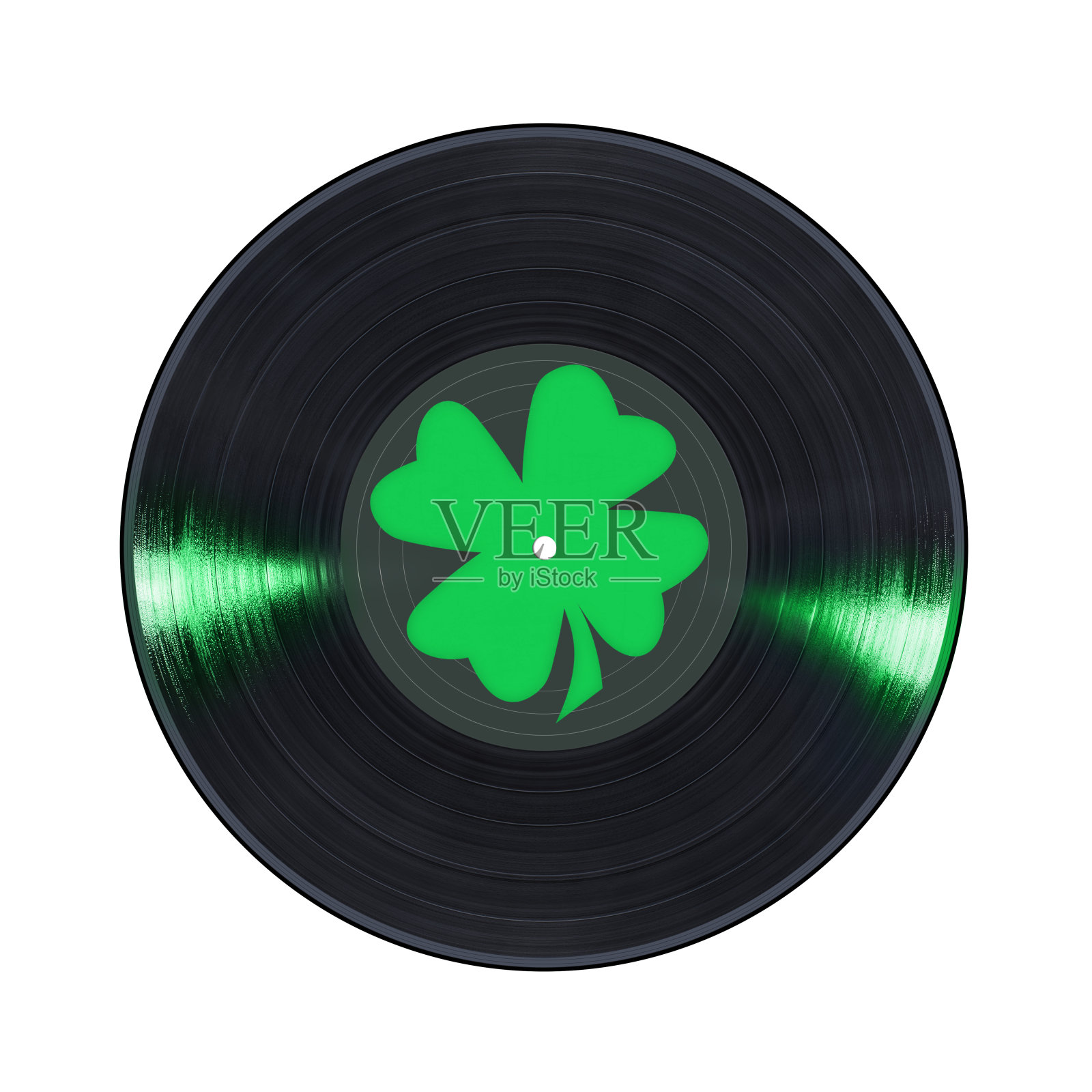 黑色黑胶唱片与三叶草。孤立。照片摄影图片